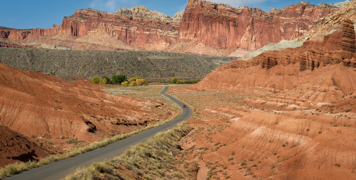 A car on Scenic Drive in Capitol Reef National Park, Utah.