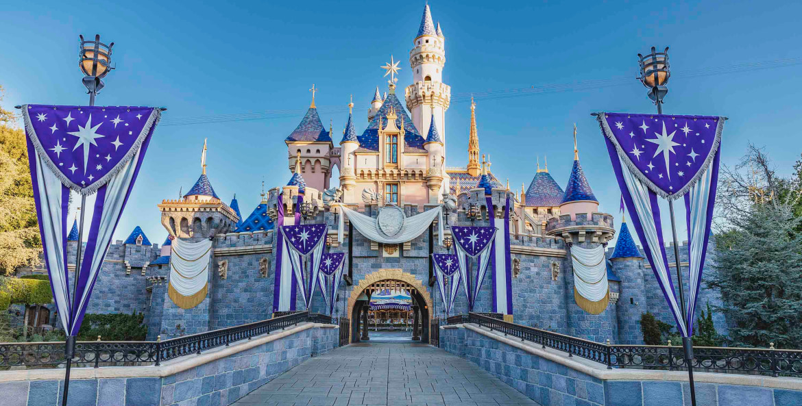 Disneyland castle decorated for Walt Disney 100 anniversary.