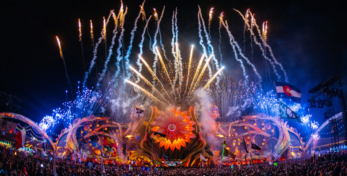 Pyrotechnics at the colorful kineticFIELD stage at Electric Daisy Carnival.