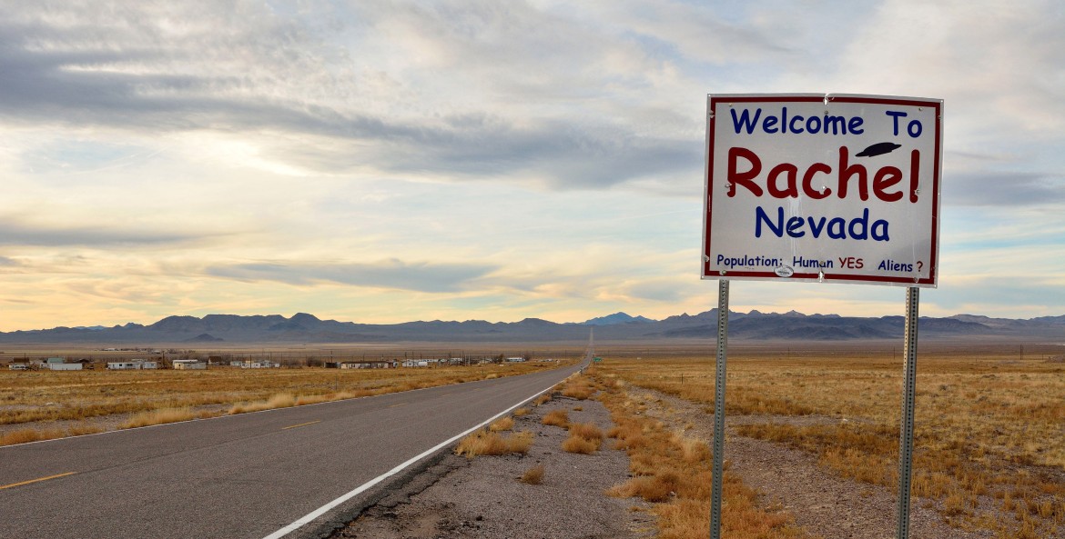 Road sign welcoming drivers to Rachel, Nevada.