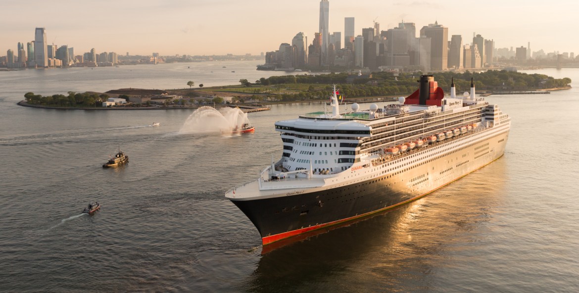 Cunard's Queen Mary 2 cruise ship leaving New York City.