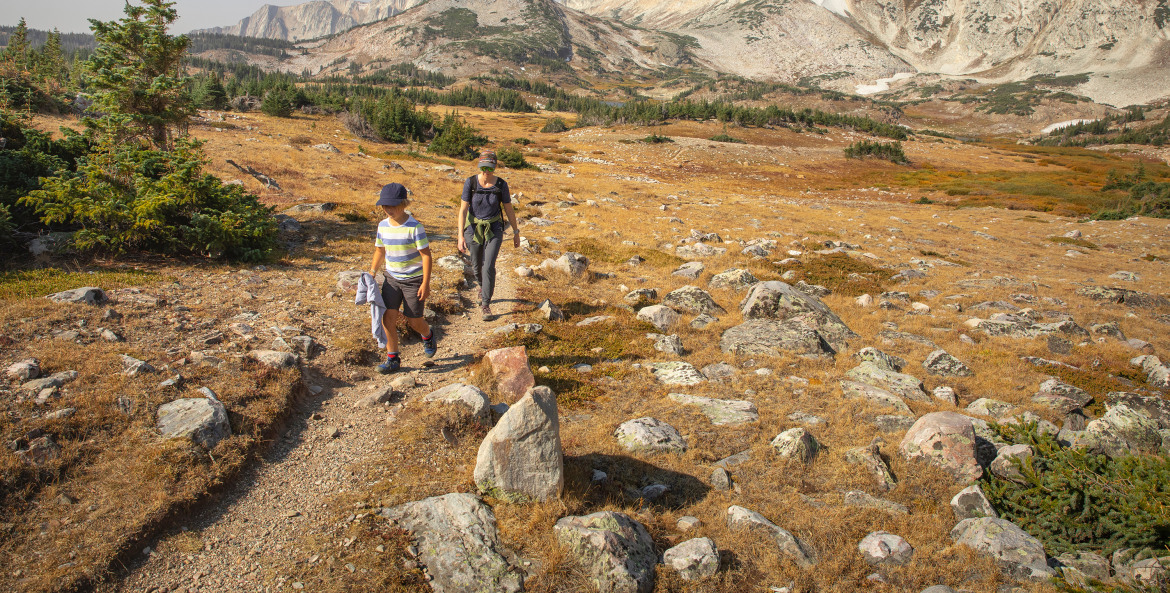 A family hikes on the Lost Lake Trail in the Medicine Bow National Forest in Wyoming.