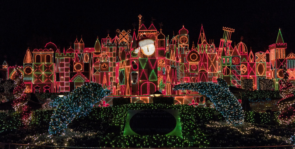 Disneyland's "It's a Small World" Holiday ride decked out in thousands of lights for the holidays.
