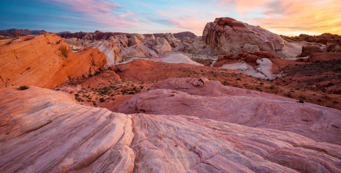 Red and pink rocks glow in Valley of Fire State Park in Nevada.