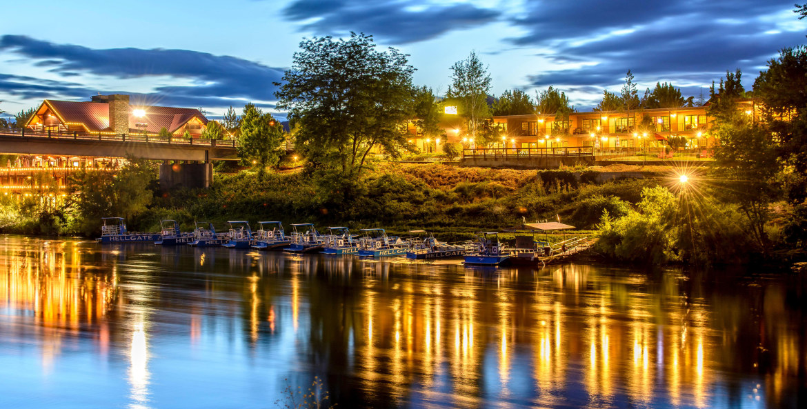 Nighttime view of the Rogue River in Grants Pass, Oregon