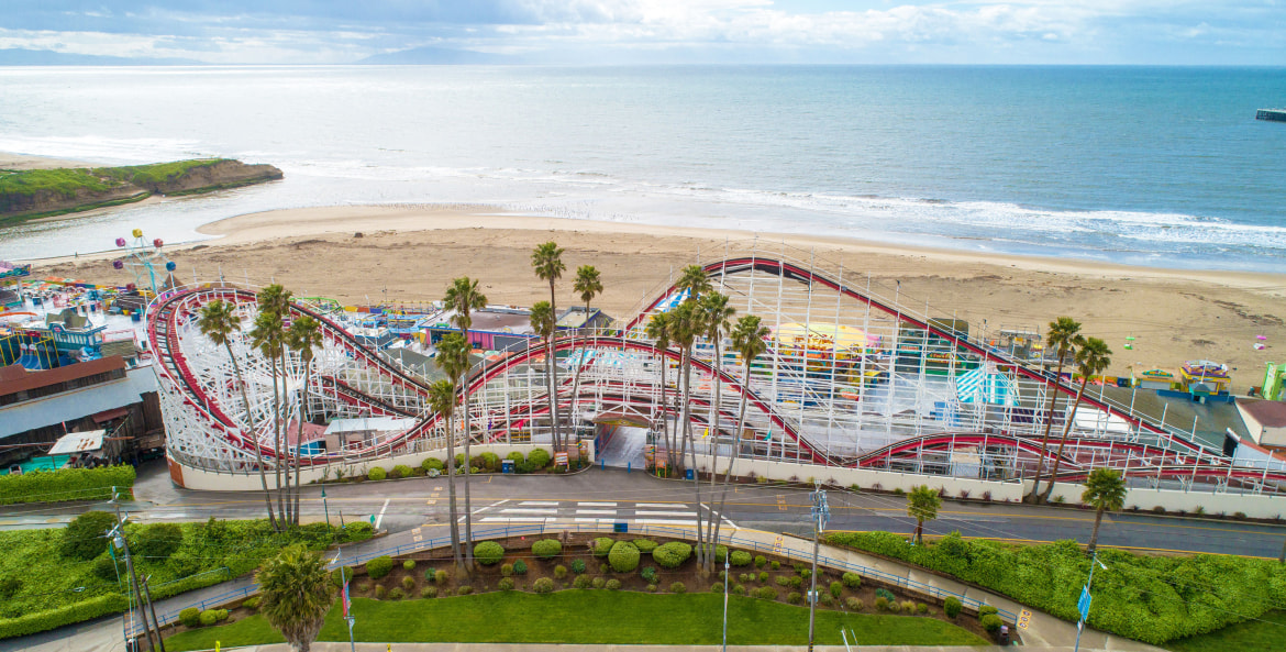 Aerial view of the Giant Dipper coaster at the Santa Cruz Beach Boardwalk in California.