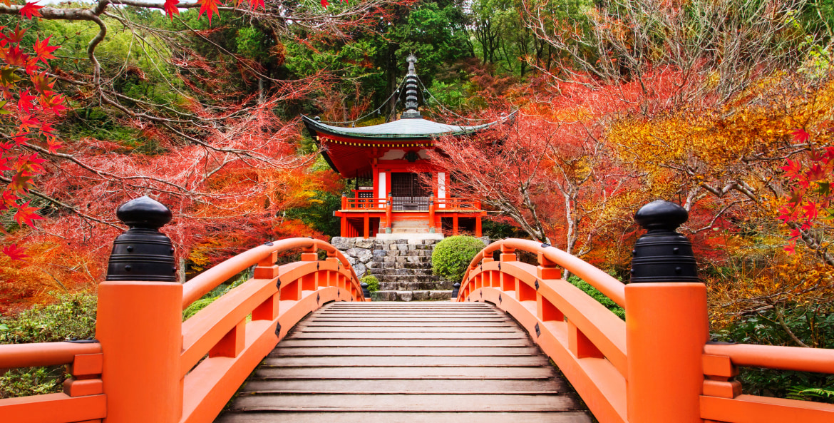 Kyoto Daigo-ji temple in Kyoto, Japan surrounded by fall color.