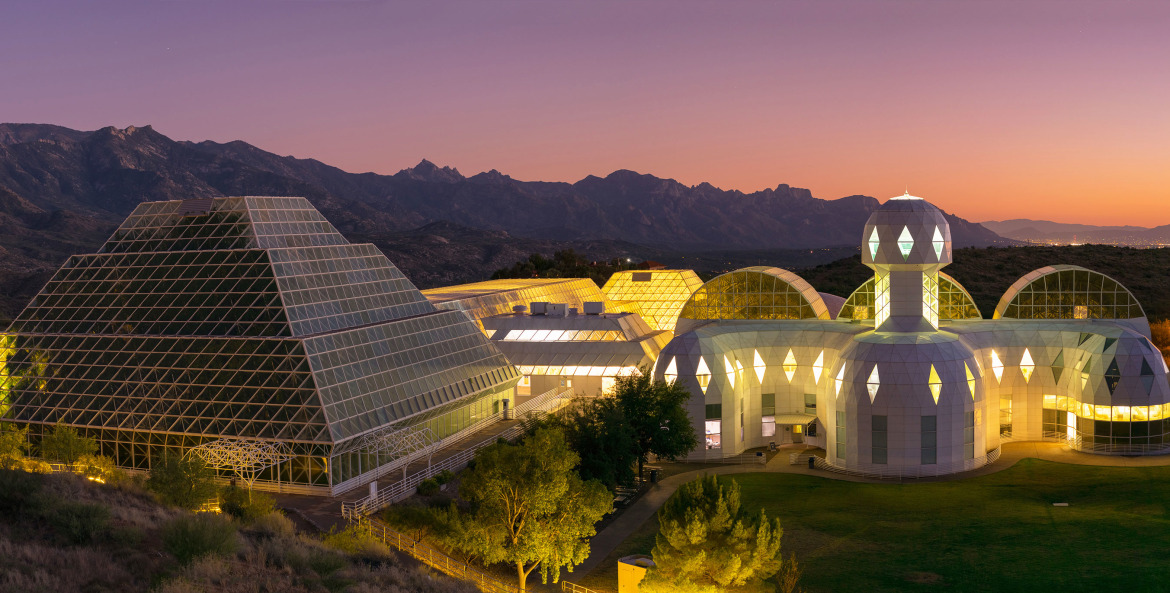 Biosphere 2 at sunset.