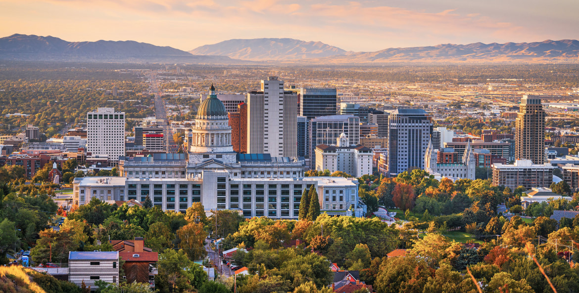 Downtown Salt Lake City, Utah, skyline at dusk.