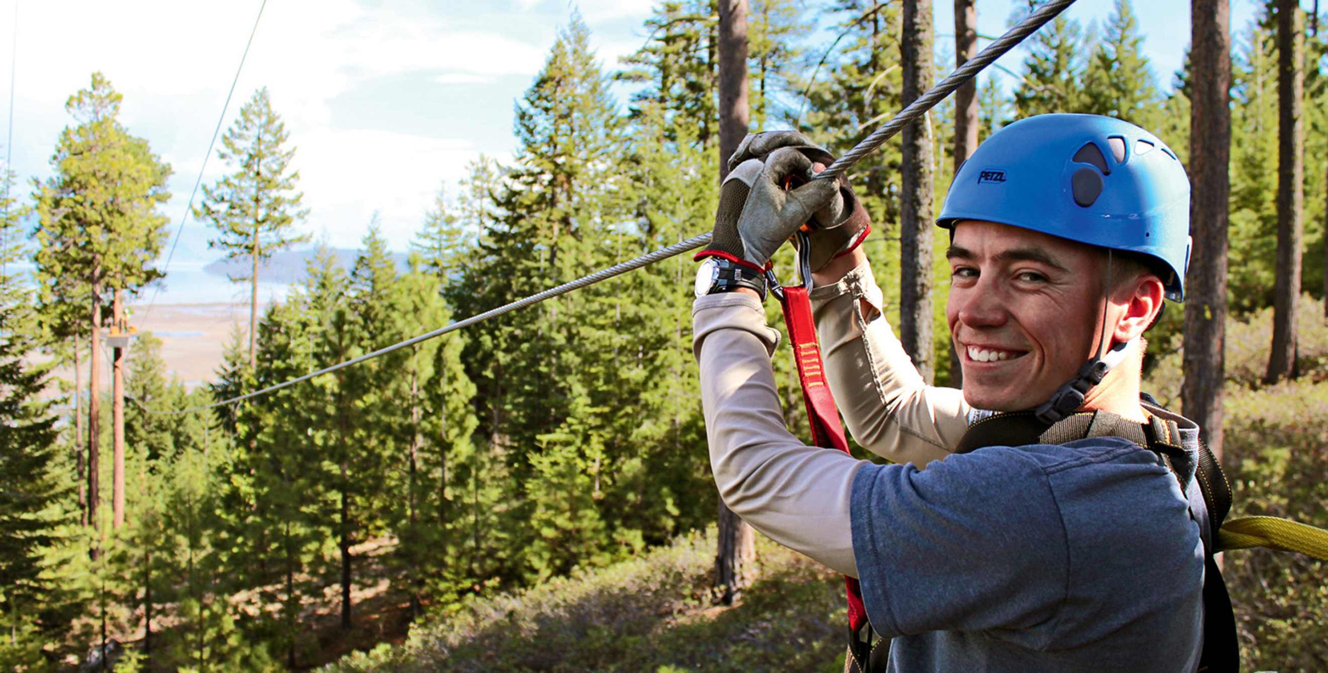 A man zip lines in Klamath Falls, Oregon