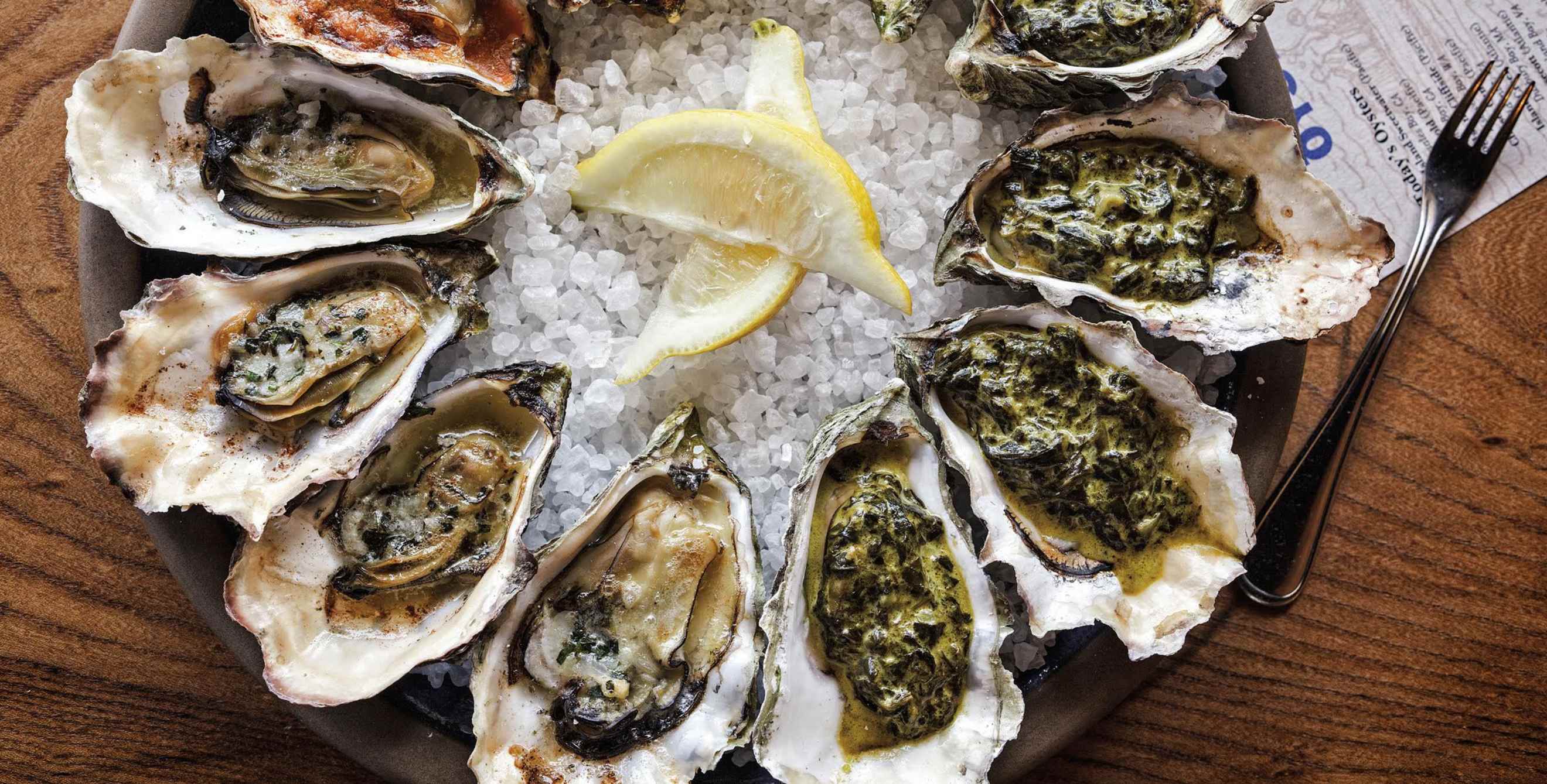 grilled oyster options at Hog Island Oyster Co. in the San Francisco Ferry Building