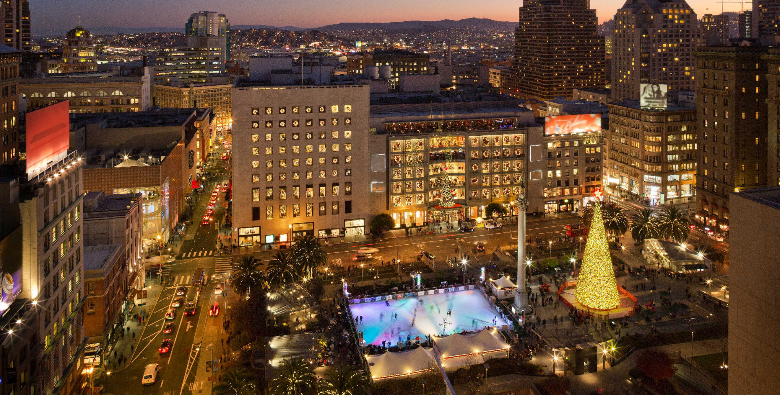 Safeway Holiday Ice Rink in San Francisco's Union Square at night.