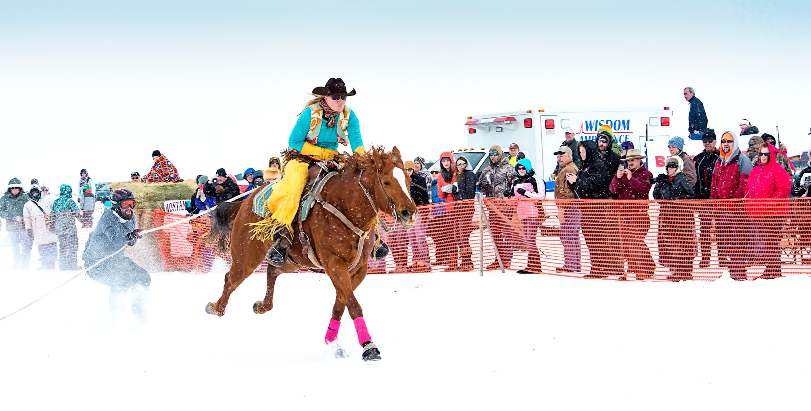 Ebbie Hansen on Zippin Z pulling Aaron Griffen on a skijoring run through Wisdom, Montana at the Big Hole Valley WinterFest, picture