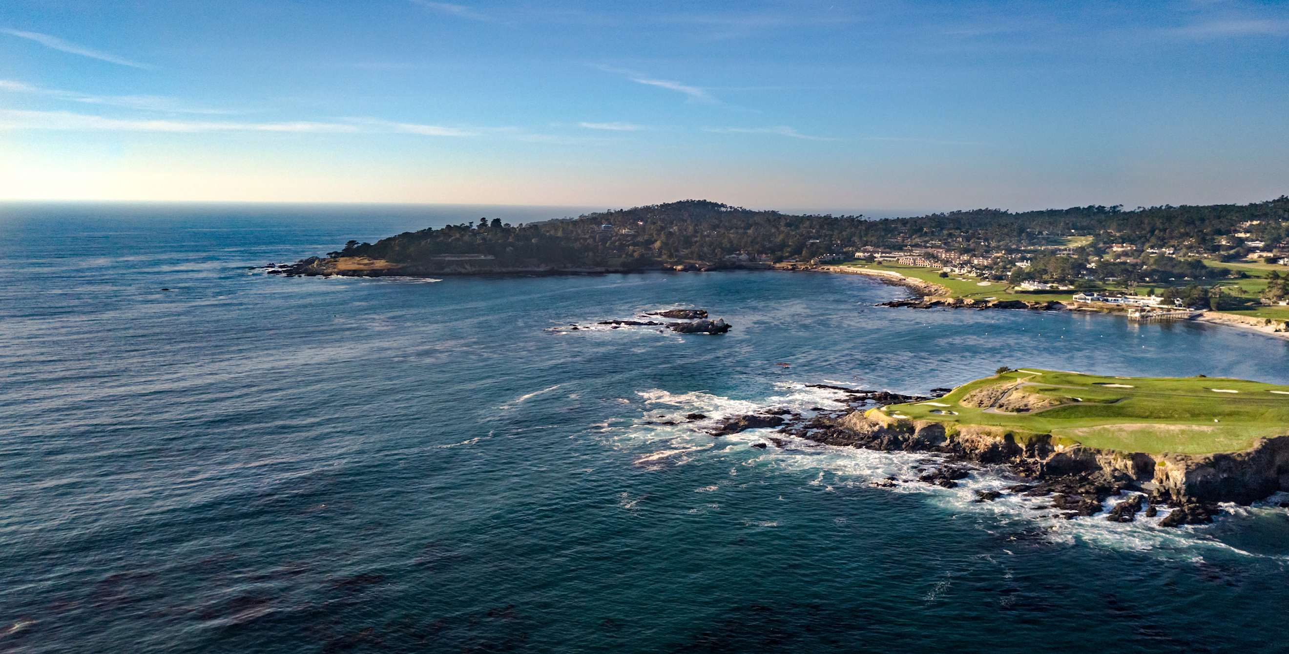 An aerial view of Pebble Beach Golf Course, image