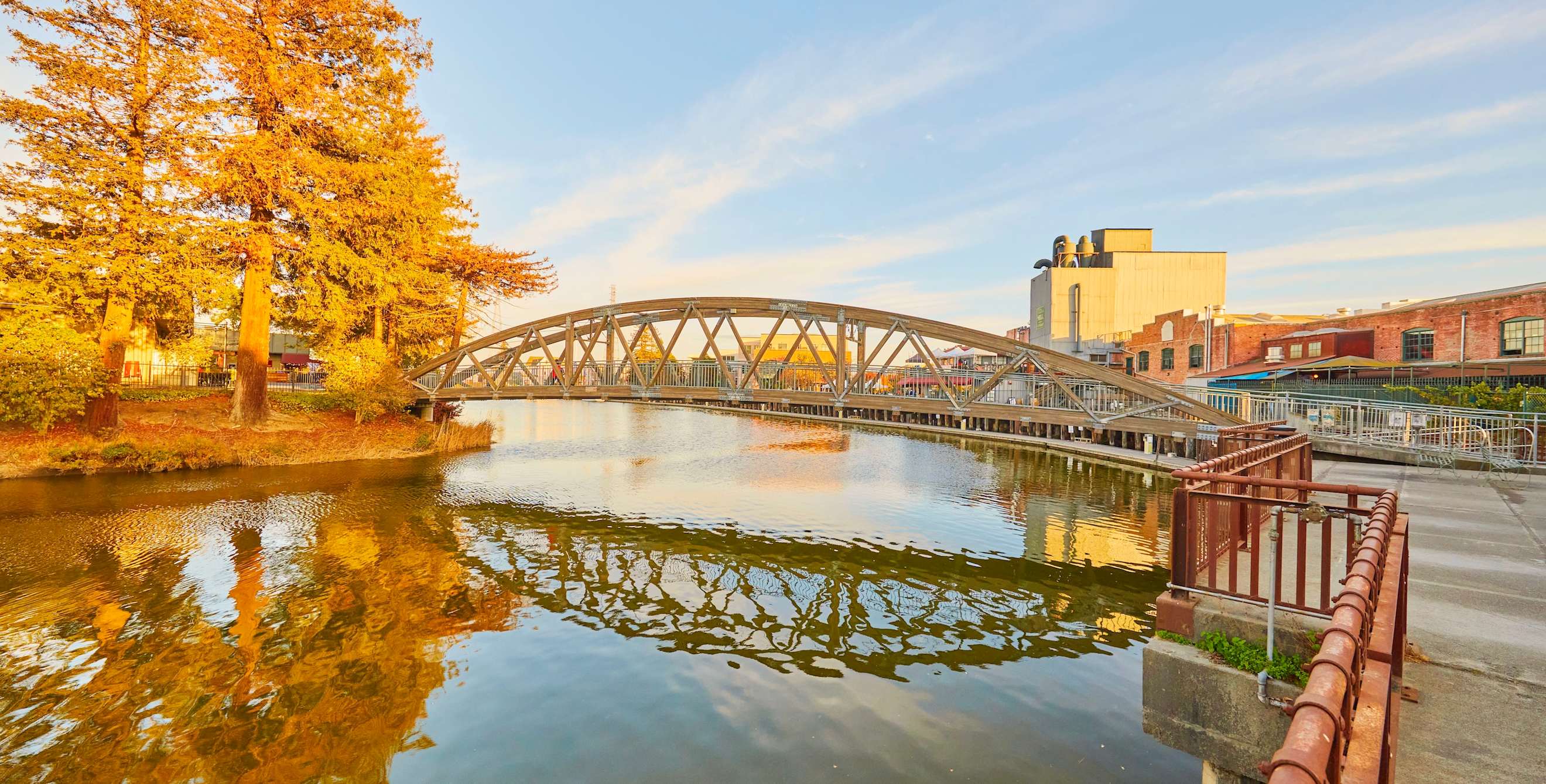 riverfront in Petaluma, California with bridge span