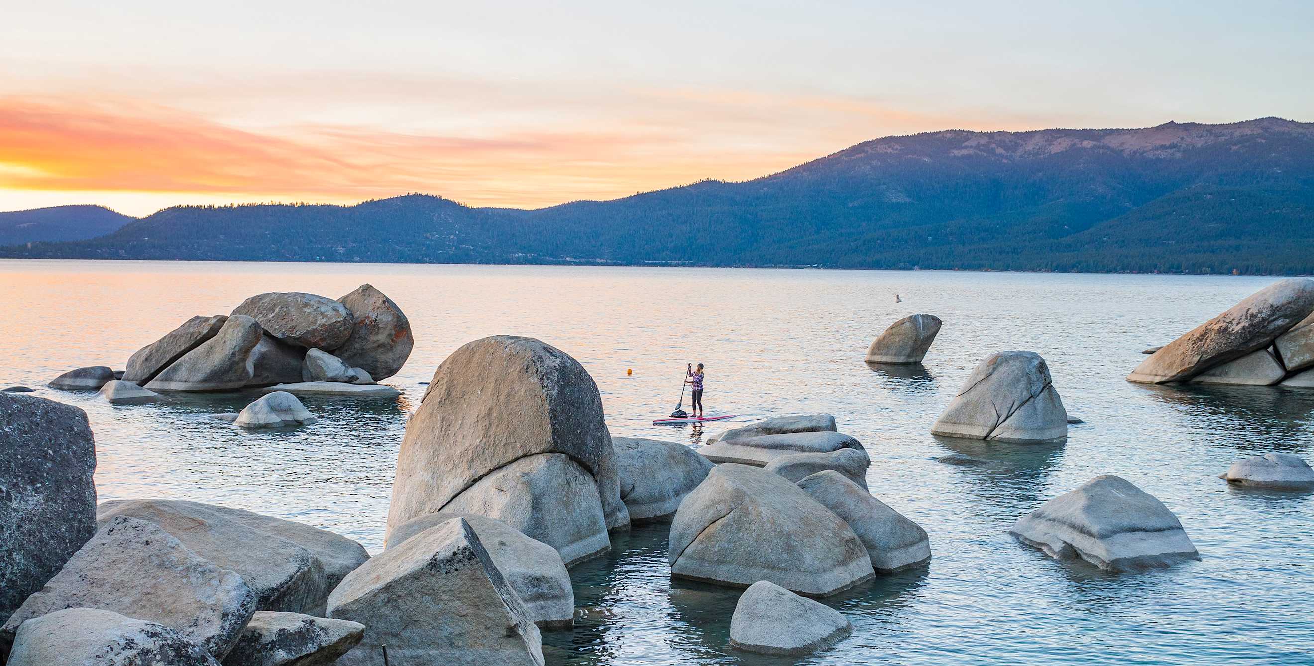 Paddleboarder on Lake Tahoe at Sand Harbor Nevada State Park, Via Magazine