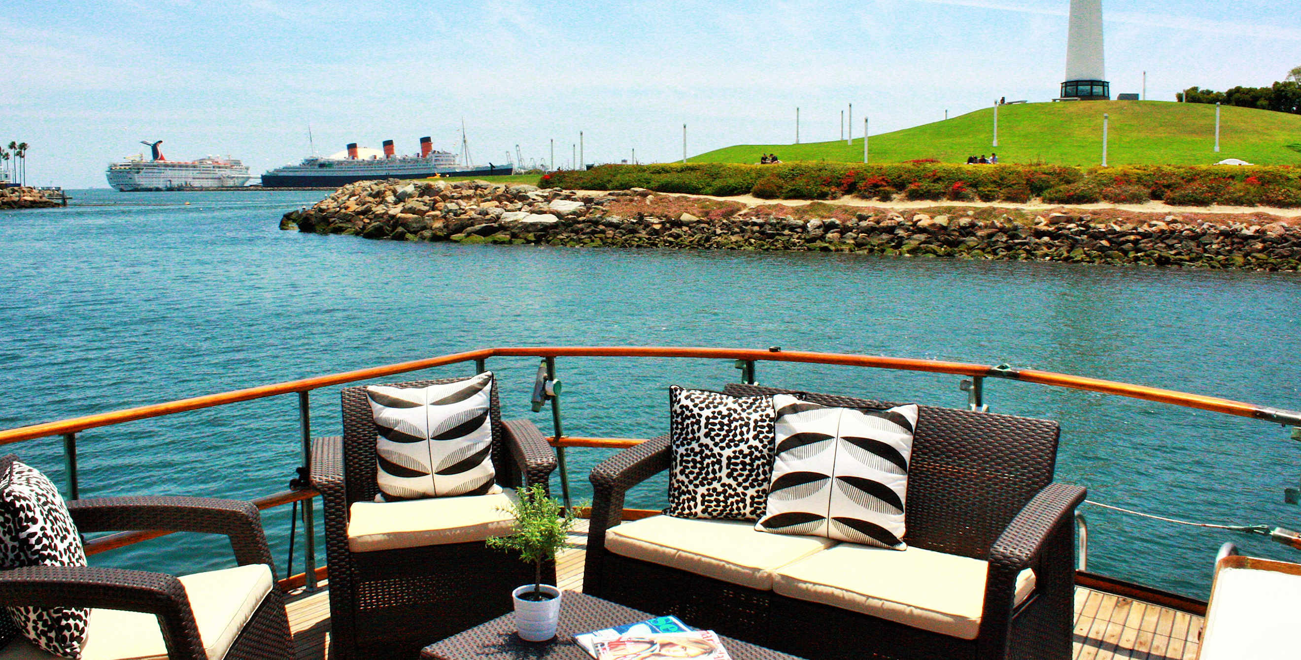 the view from the dock aboard one of Dockside Boat & Bed's yachts moored in Long Beach, CA's harbor
