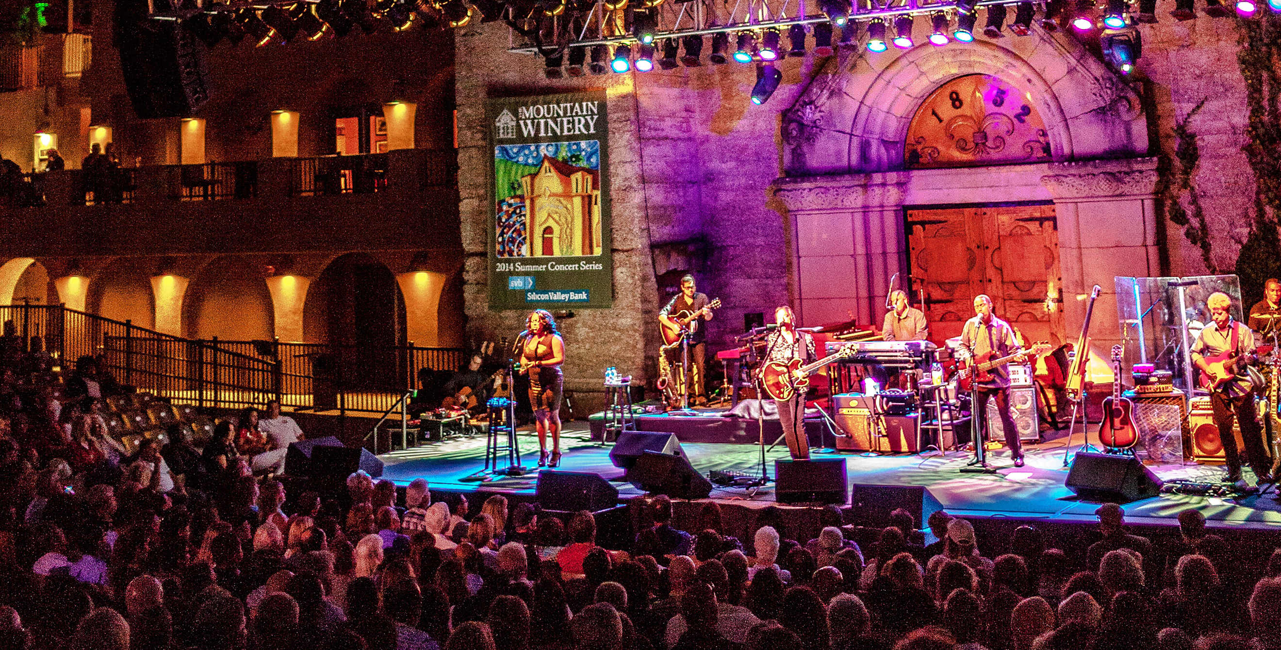 A band plays at The Mountain Winery's outdoor stage, picture