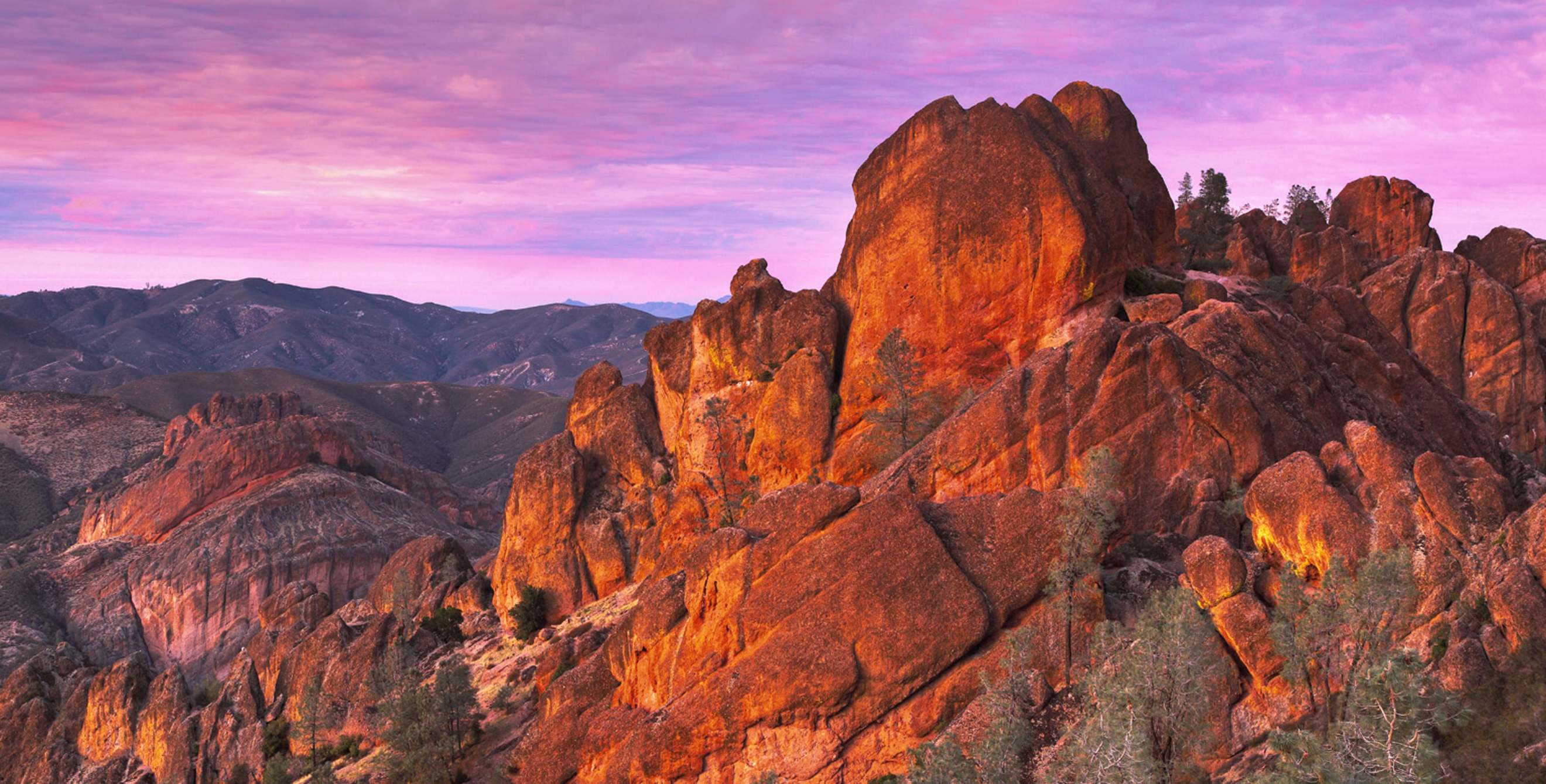 Pink sunset at Pinnacles National Park in California.