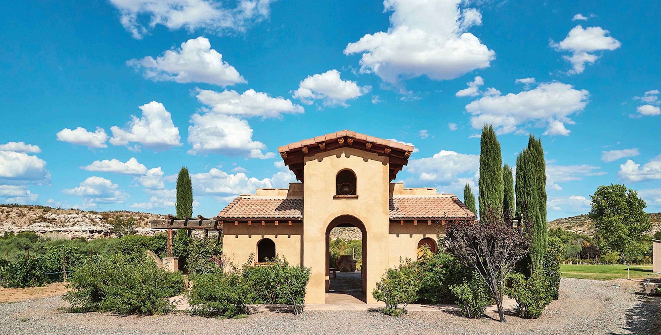 The chapel at Alcantara Vineyards with blue sky in the background