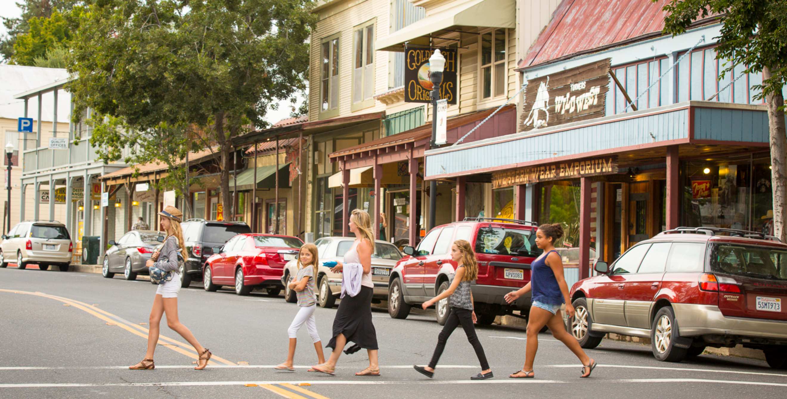 walkers on the main drag of Angels Camp California, picture
