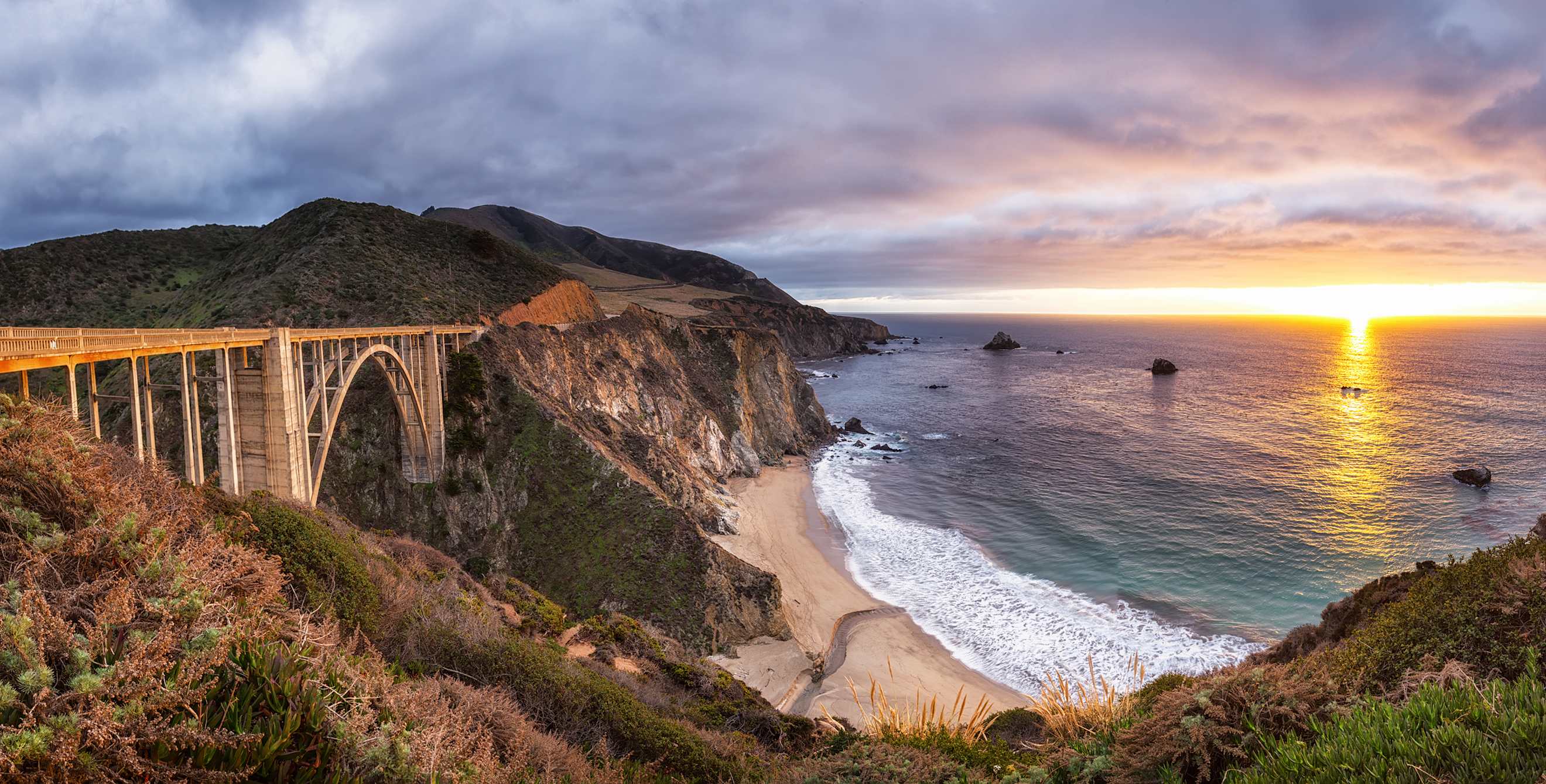 Bixby Bridge at sunset along California's Highway 1 coastal highway, image