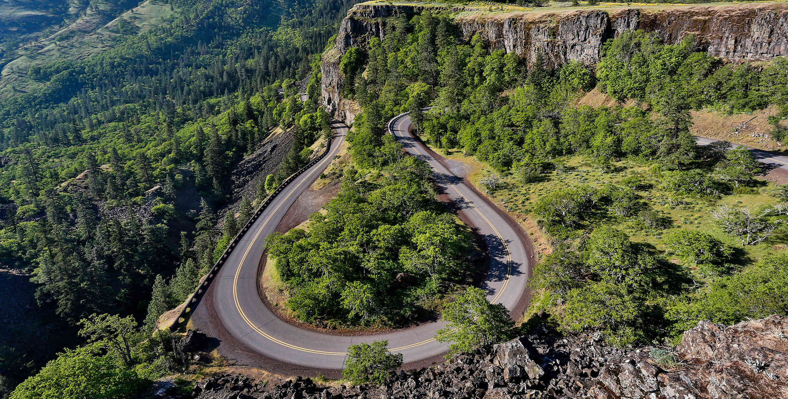 A horseshoe bend at Rowena Crest can test a driver's mettle.