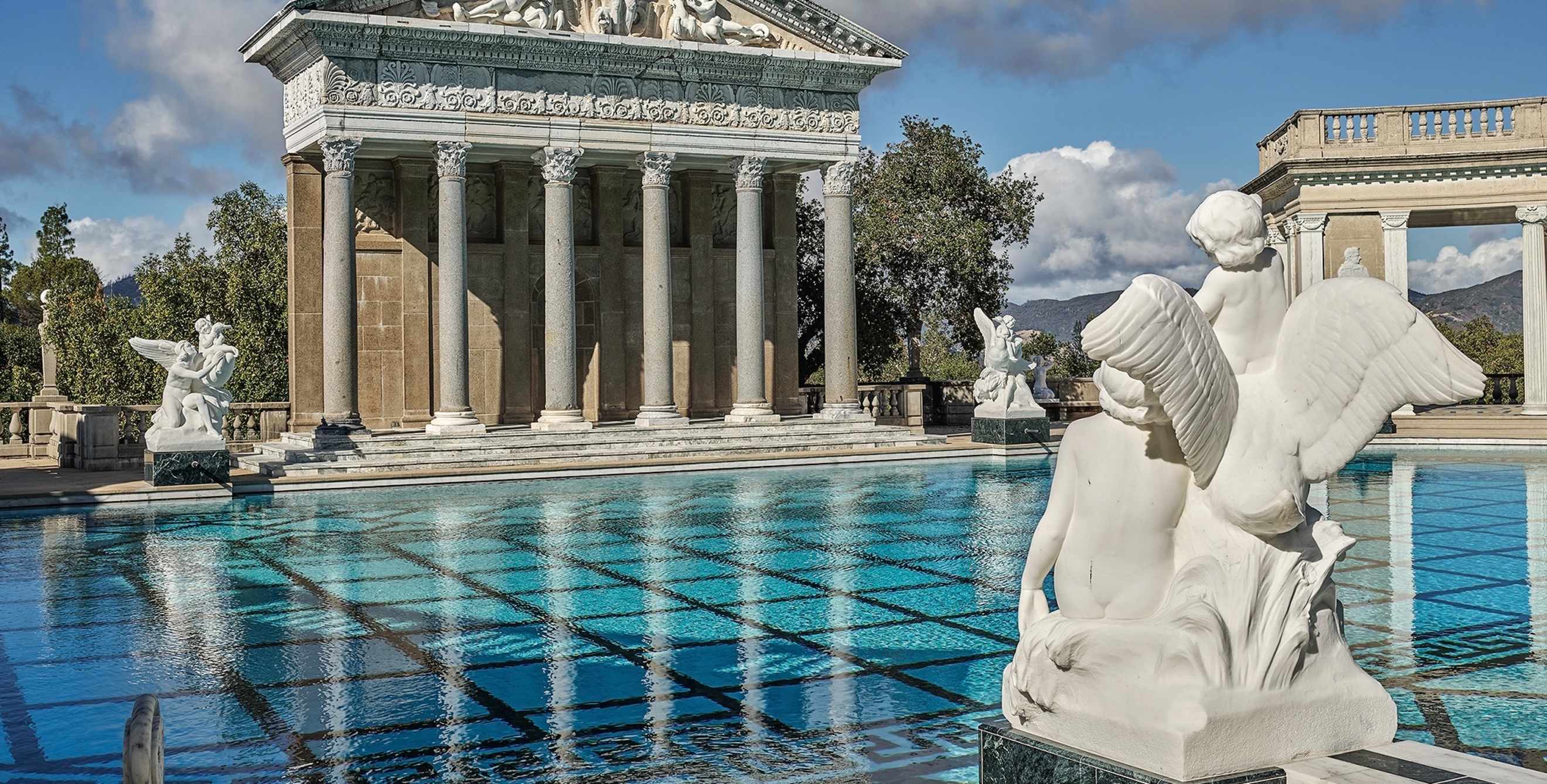 the newly reopened Neptune Pool at Hearst Castle with marble statuettes in California, picture
