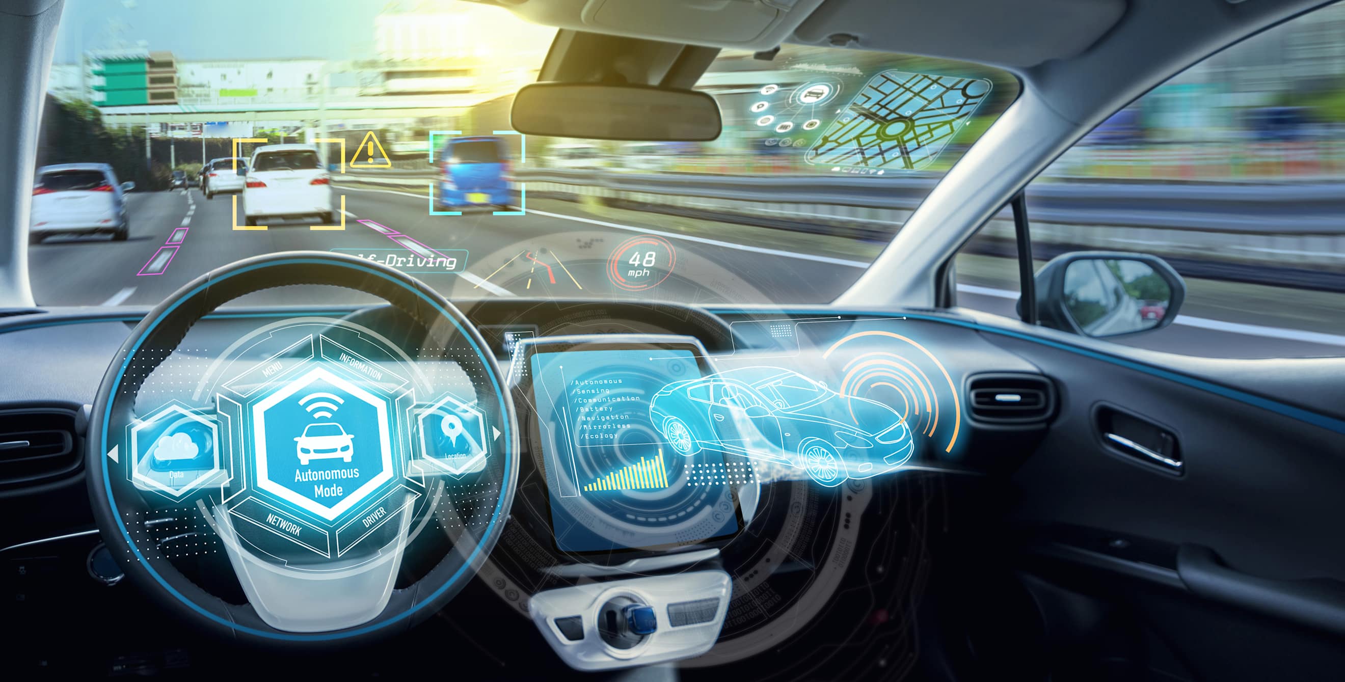 the interior of a smart car with blue holograms to depict the advanced driver assistance system at work, picture