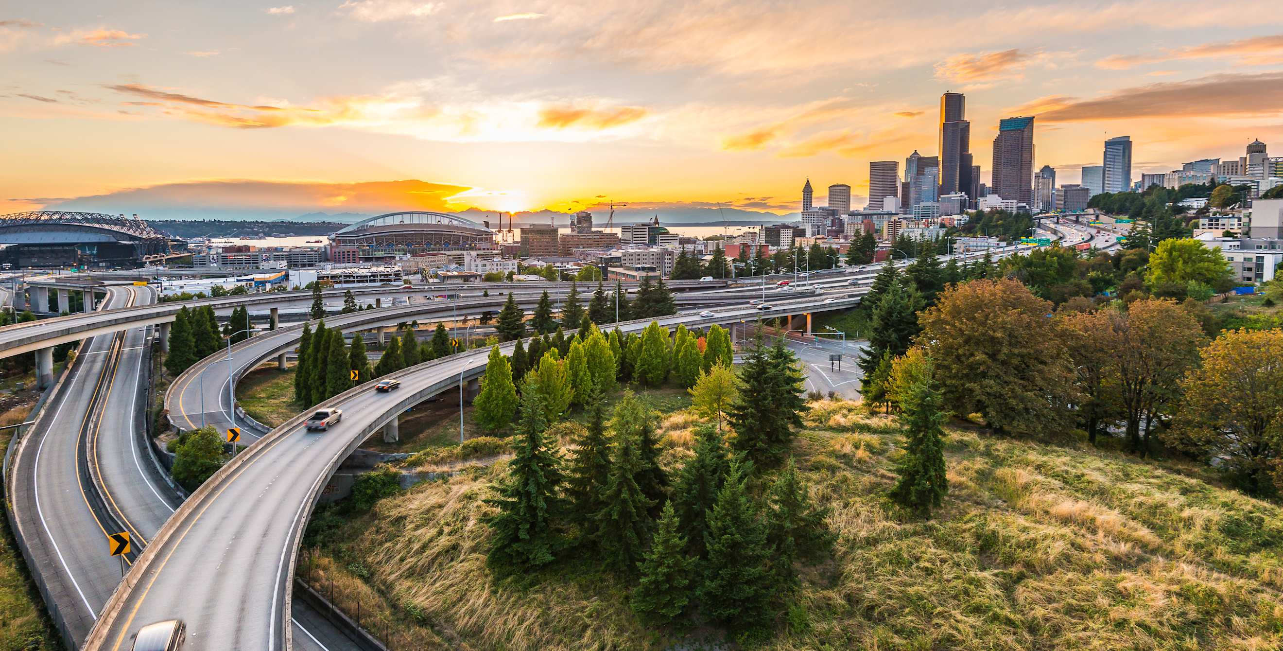 Seattle freeways converge toward downtown and Elliot Bay.