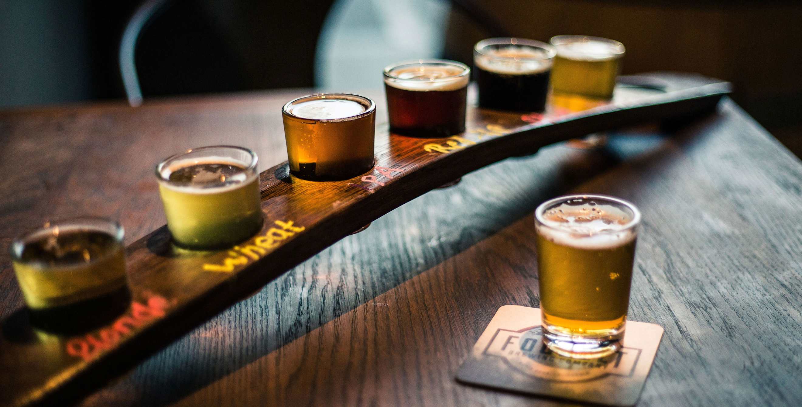 Beer flight tray at Fogbelt Brewing Company, photo