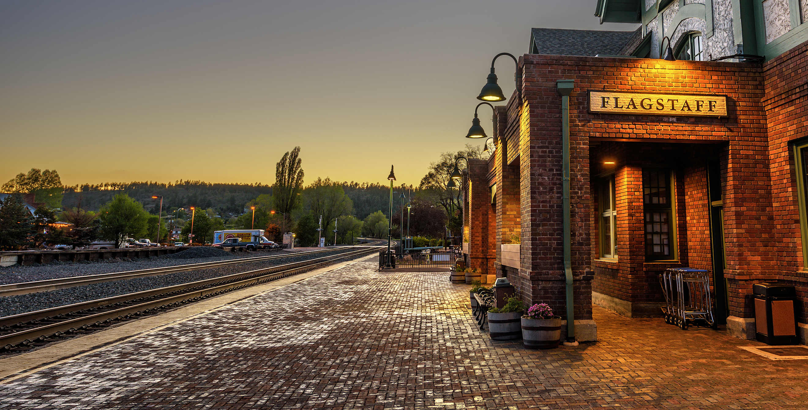 Historic train station in Flagstaff, Arizona, at sunset, picture