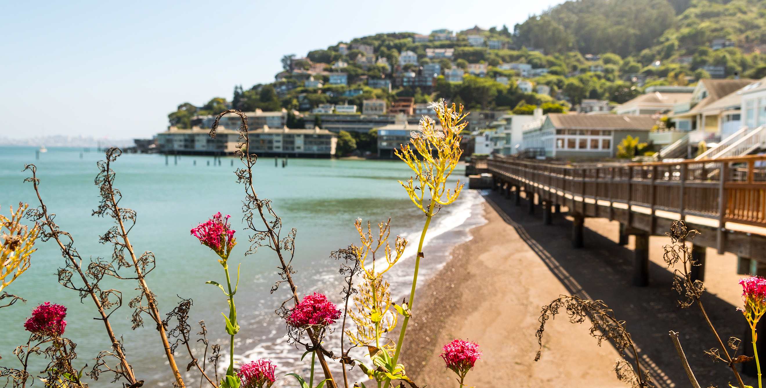 Sausalito, California boardwalk along the San Francisco Bay.