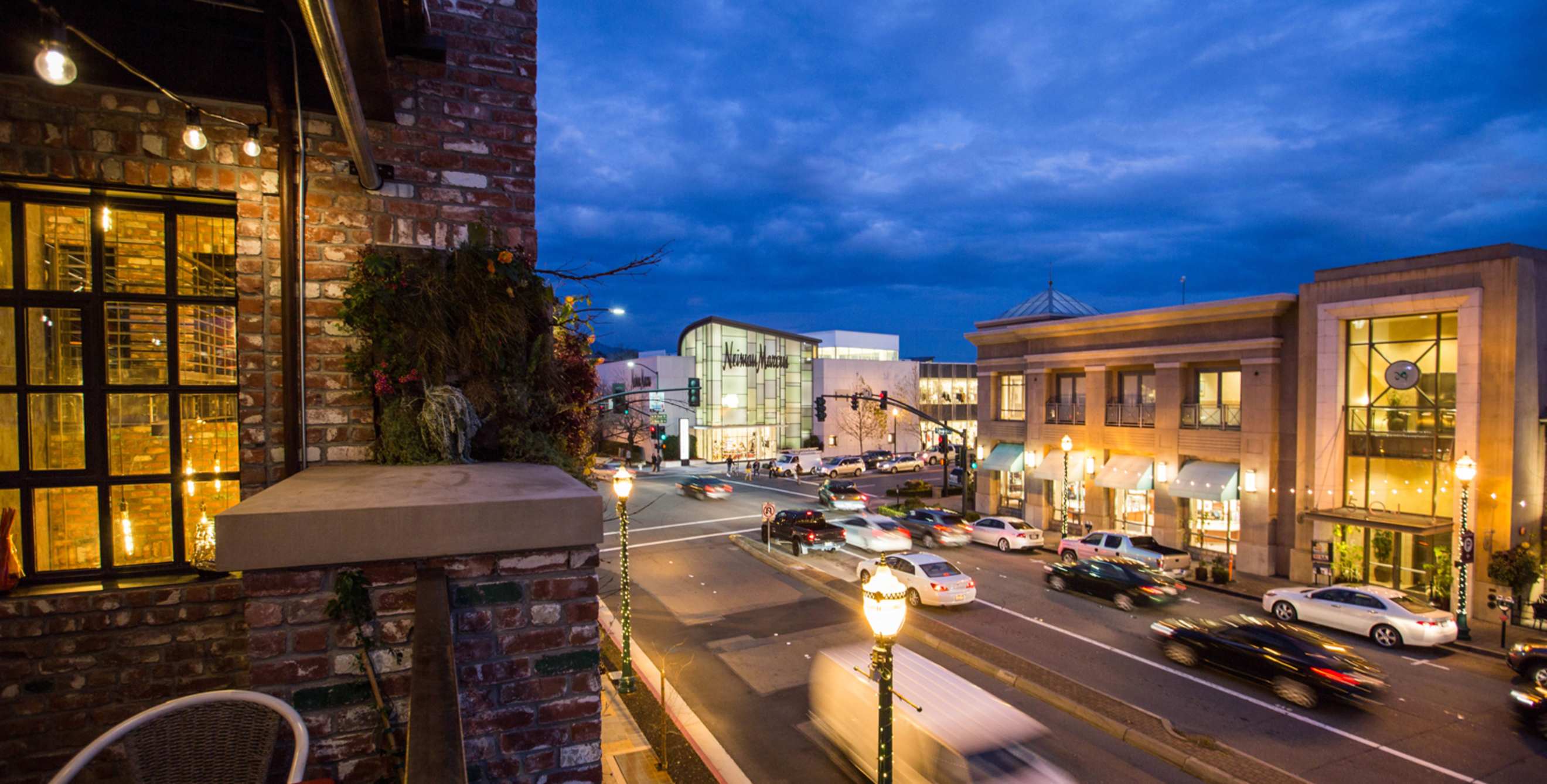 View of Broadway Plaza shopping area in Walnut Creek, California, after dark