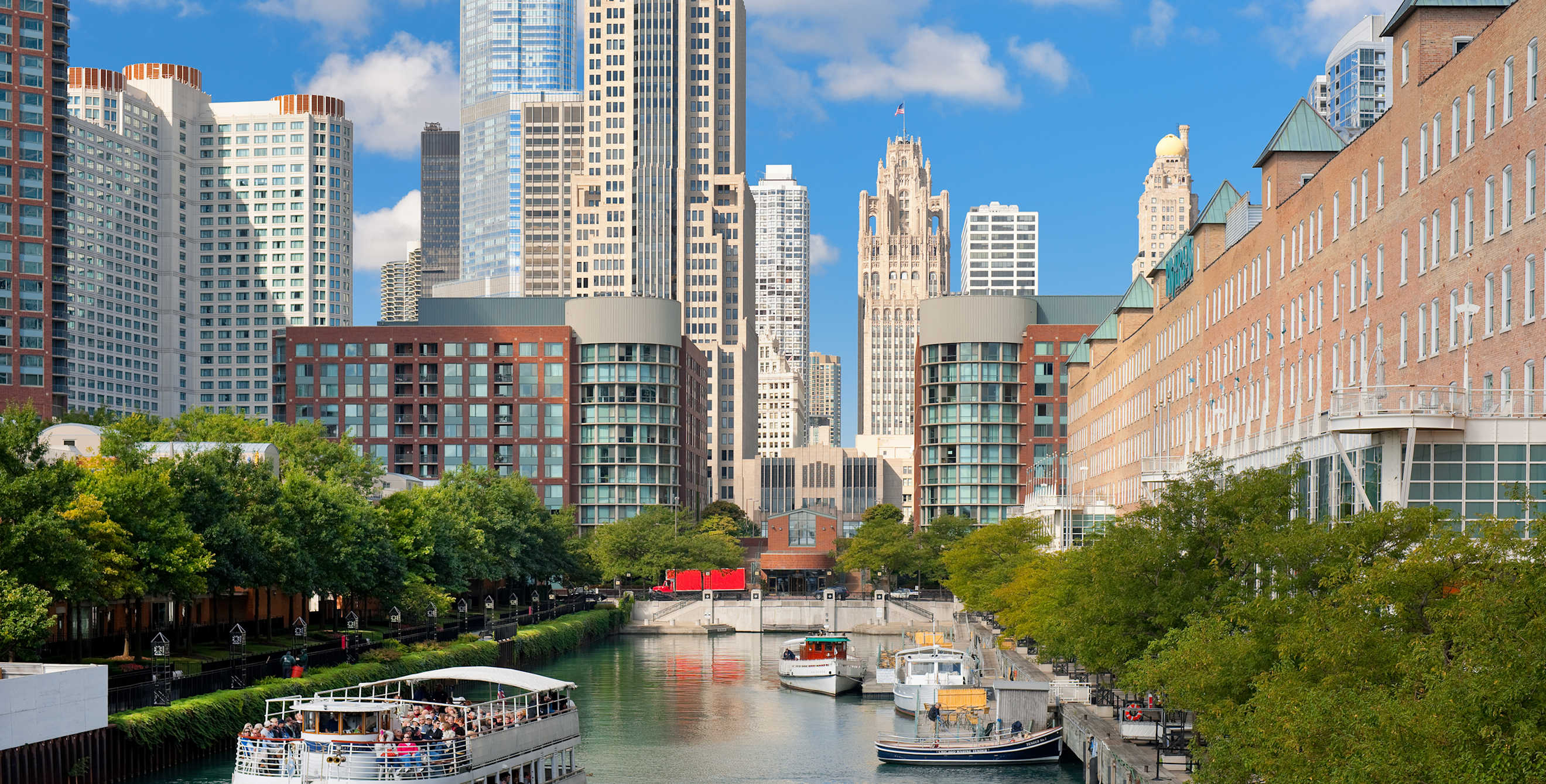 Tour boats ply the Chicago River, picture