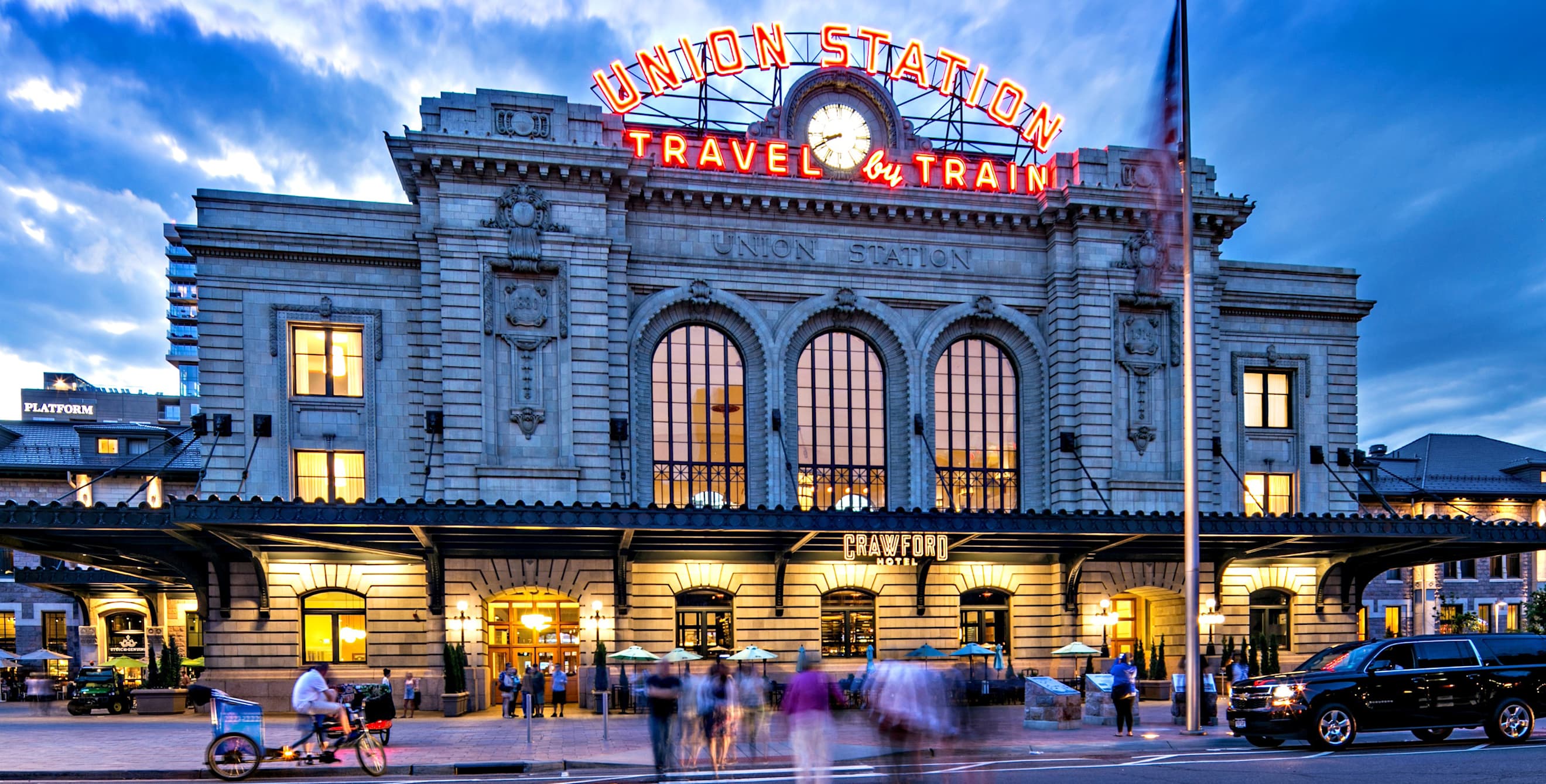Union Station exterior at night in Denver
