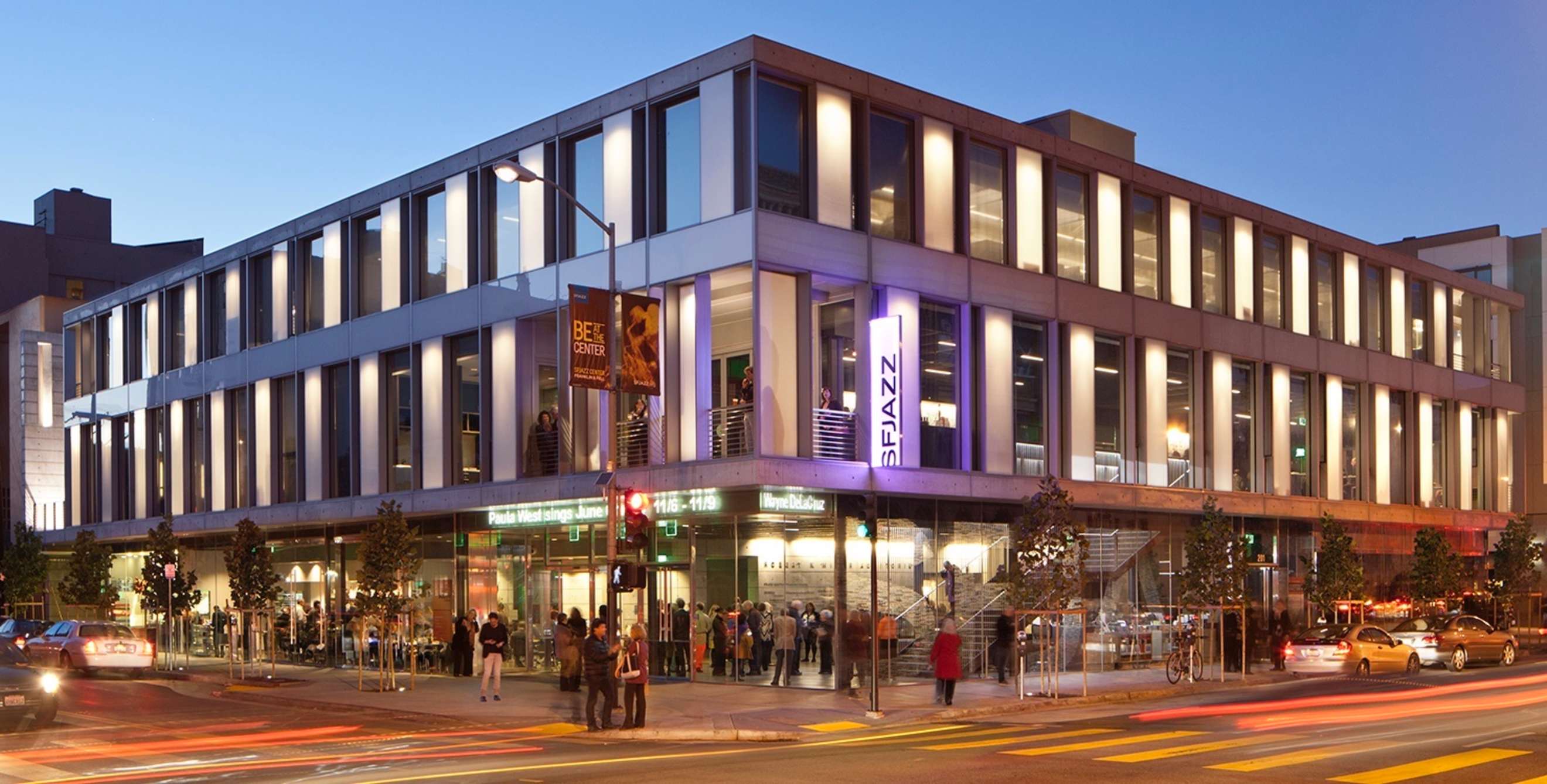 picture of the SFJAZZ Center in San Francisco at night with crowds outside