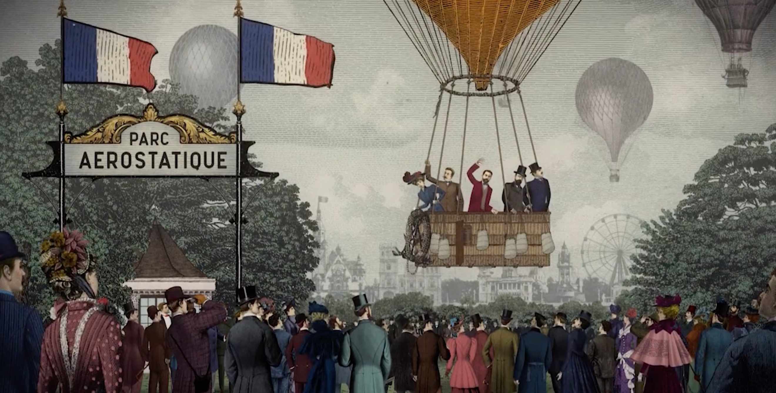 film still from The Unforgettable Augustus Post showing illustration of Augustus Post with one woman and three men ascending in balloon before crowd at Parc Aérostatique in Paris, picture