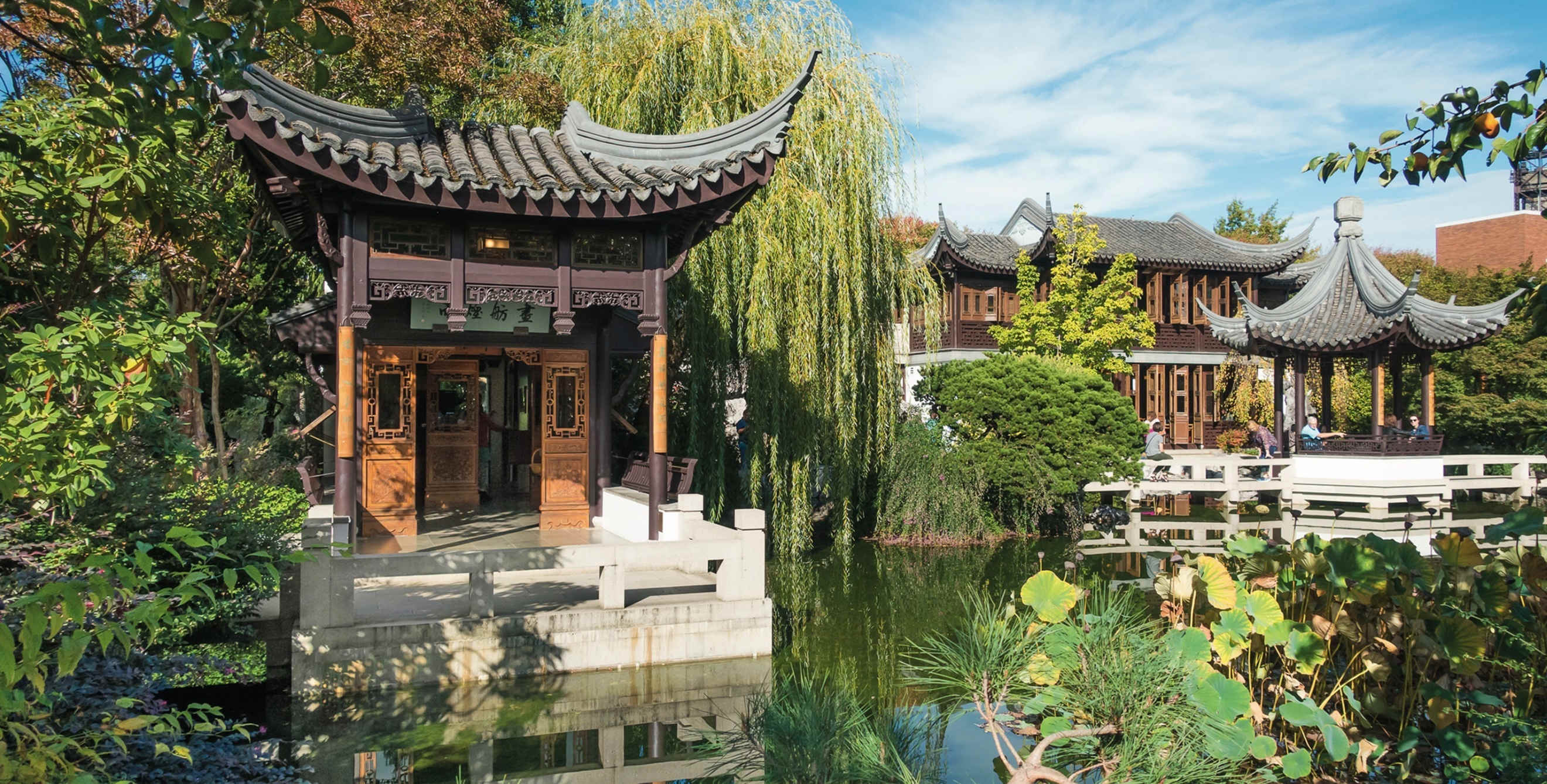 pavilions on Lake Zither at Lan Su Chinese Garden in Portland Oregon, picture