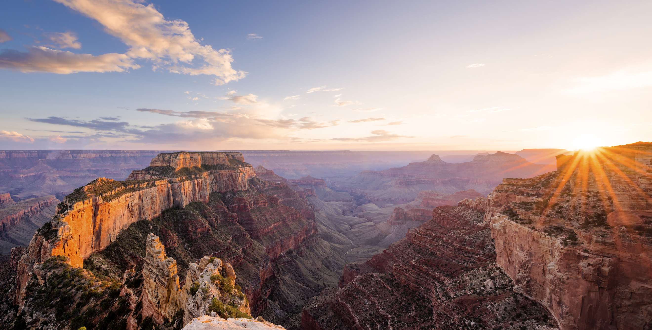 Sunset view from the overlook on Cape Royal in Grand Canyon North Rim in the Grand Canyon