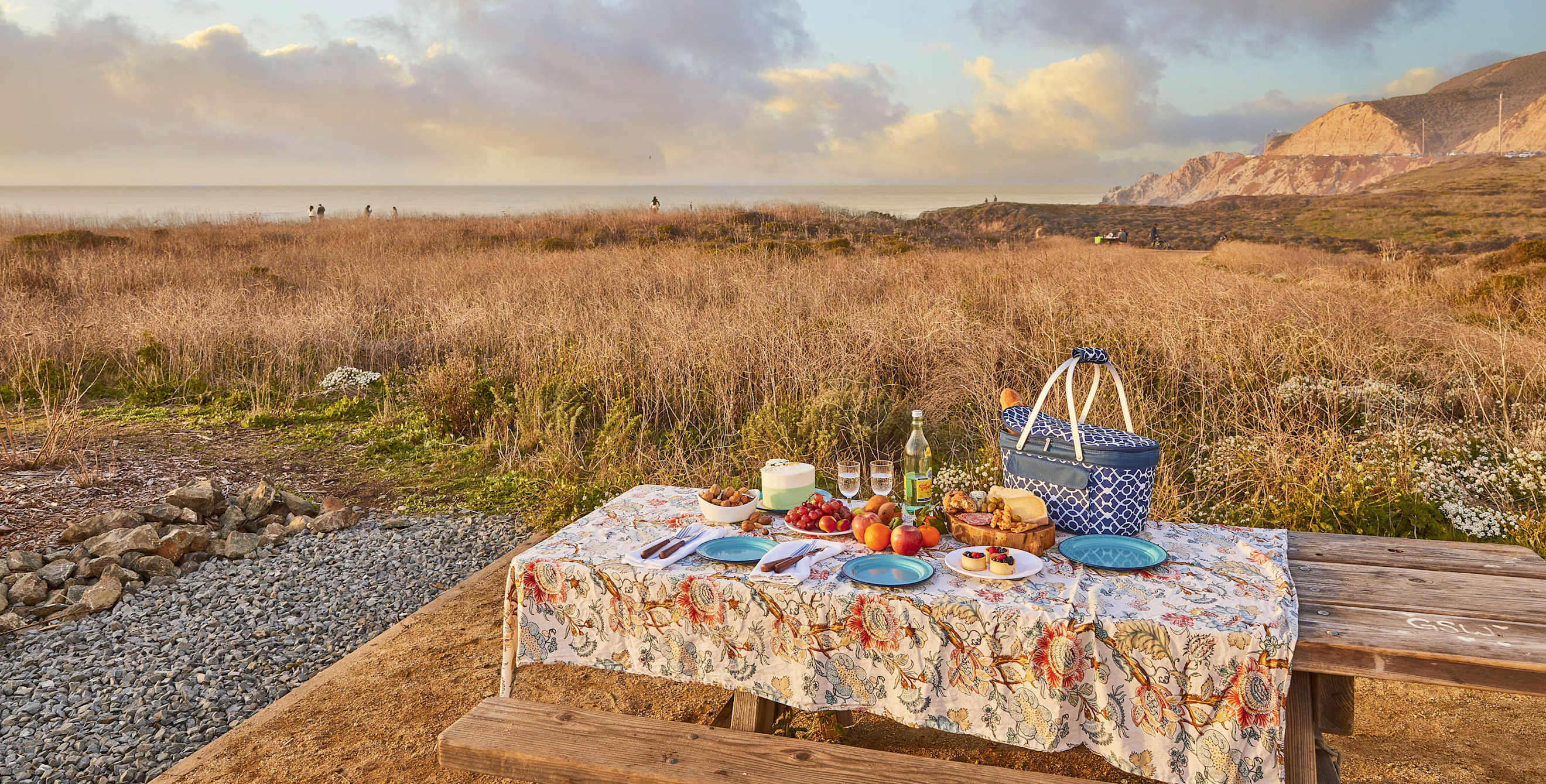 A tablecloth covers a picnic table at Montara State Beach.