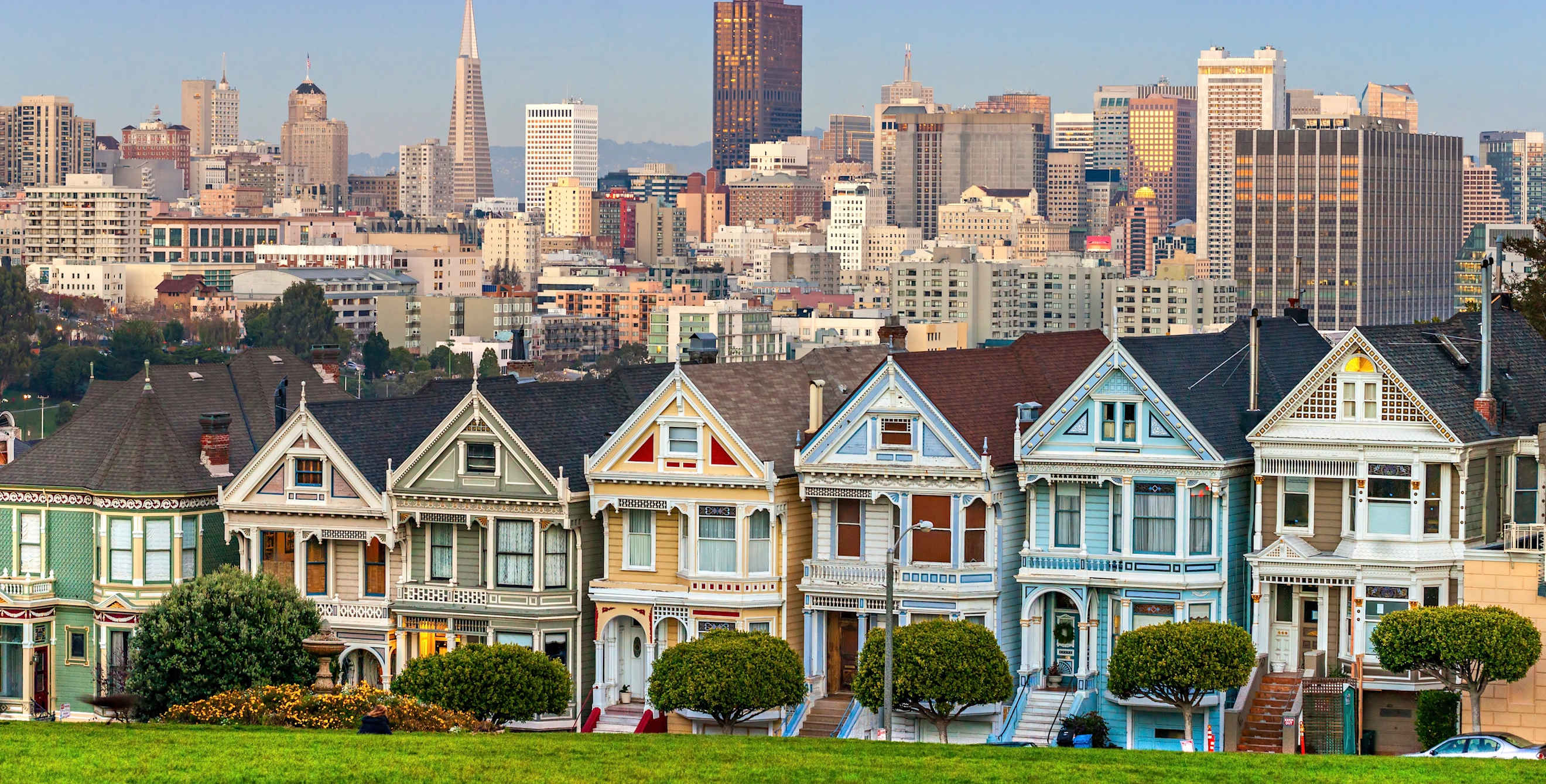 The san francisco skyline with the colorful painted ladies in the foreground and the financial district in the background