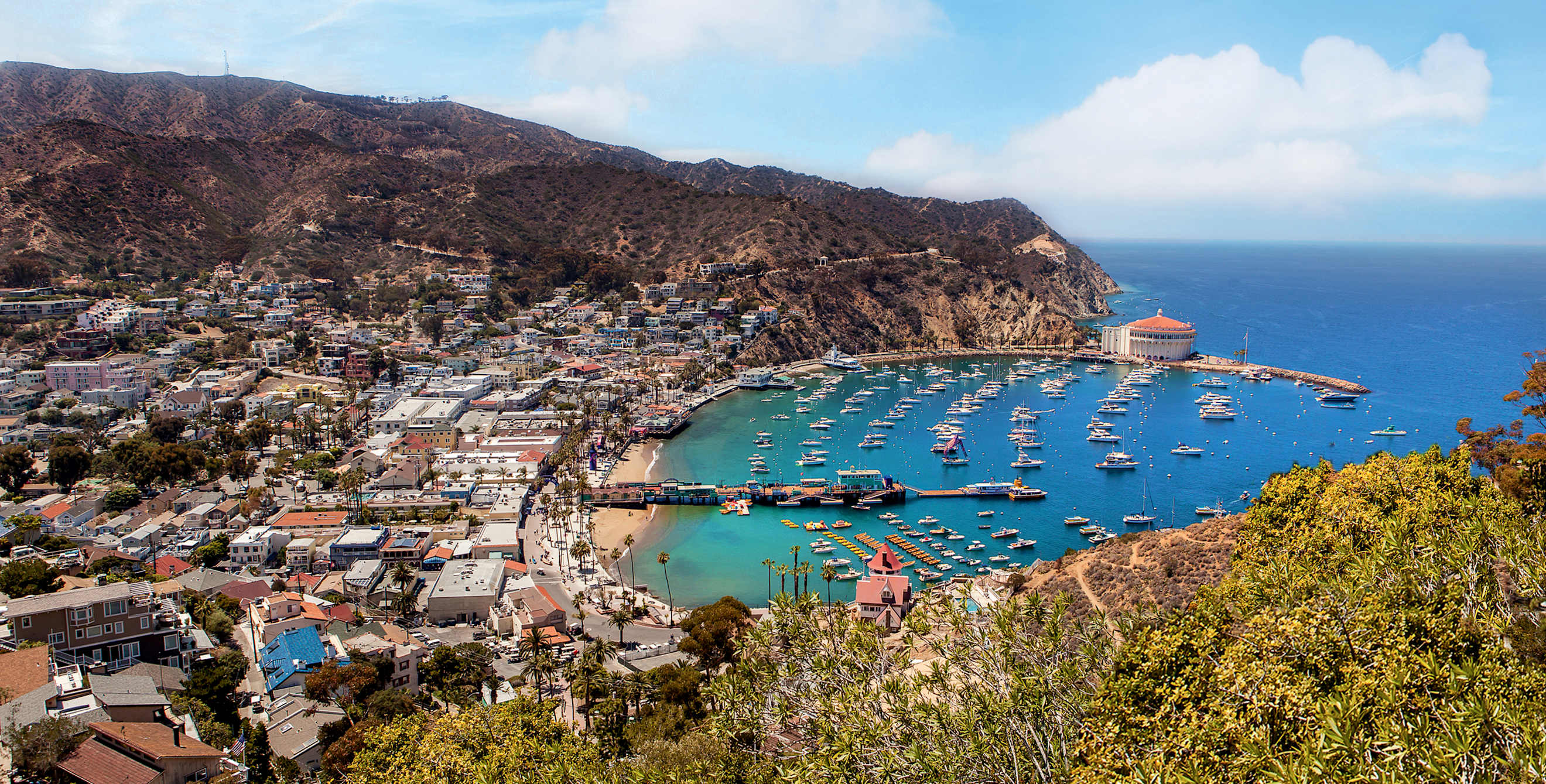 Avalon Bay, with boats at anchor and Catalina Casino on Catalina Island