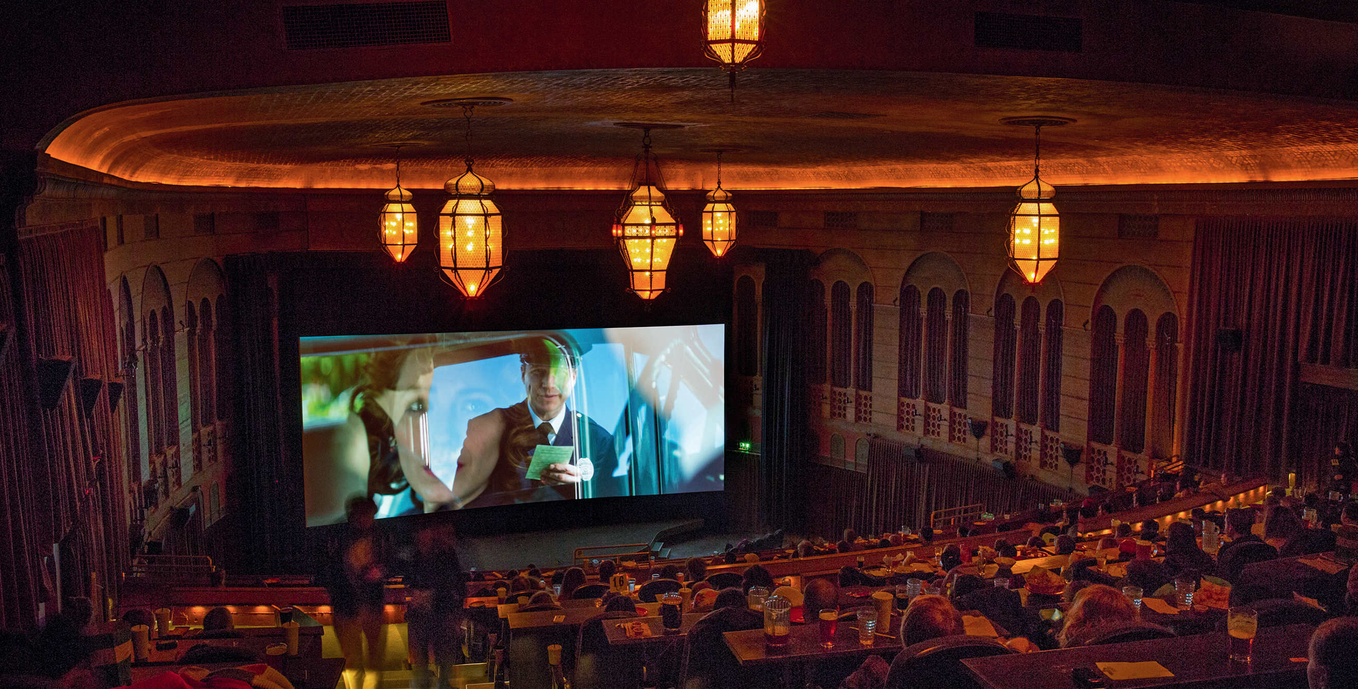 Portland's Bagdad Theater & Pub interior during movie screening