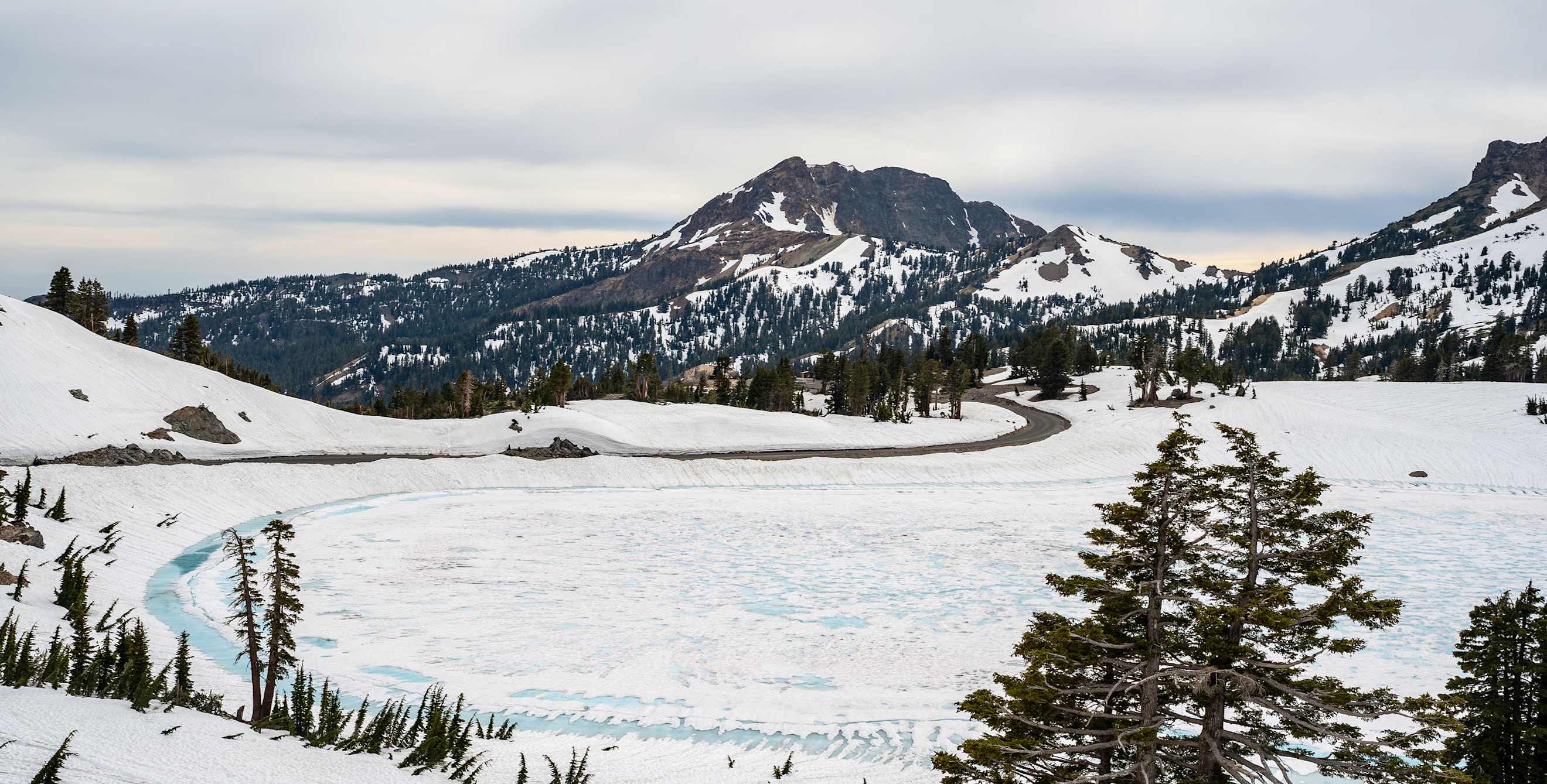 Frozen Emerald Lake in Lassen Volcanic National Park.