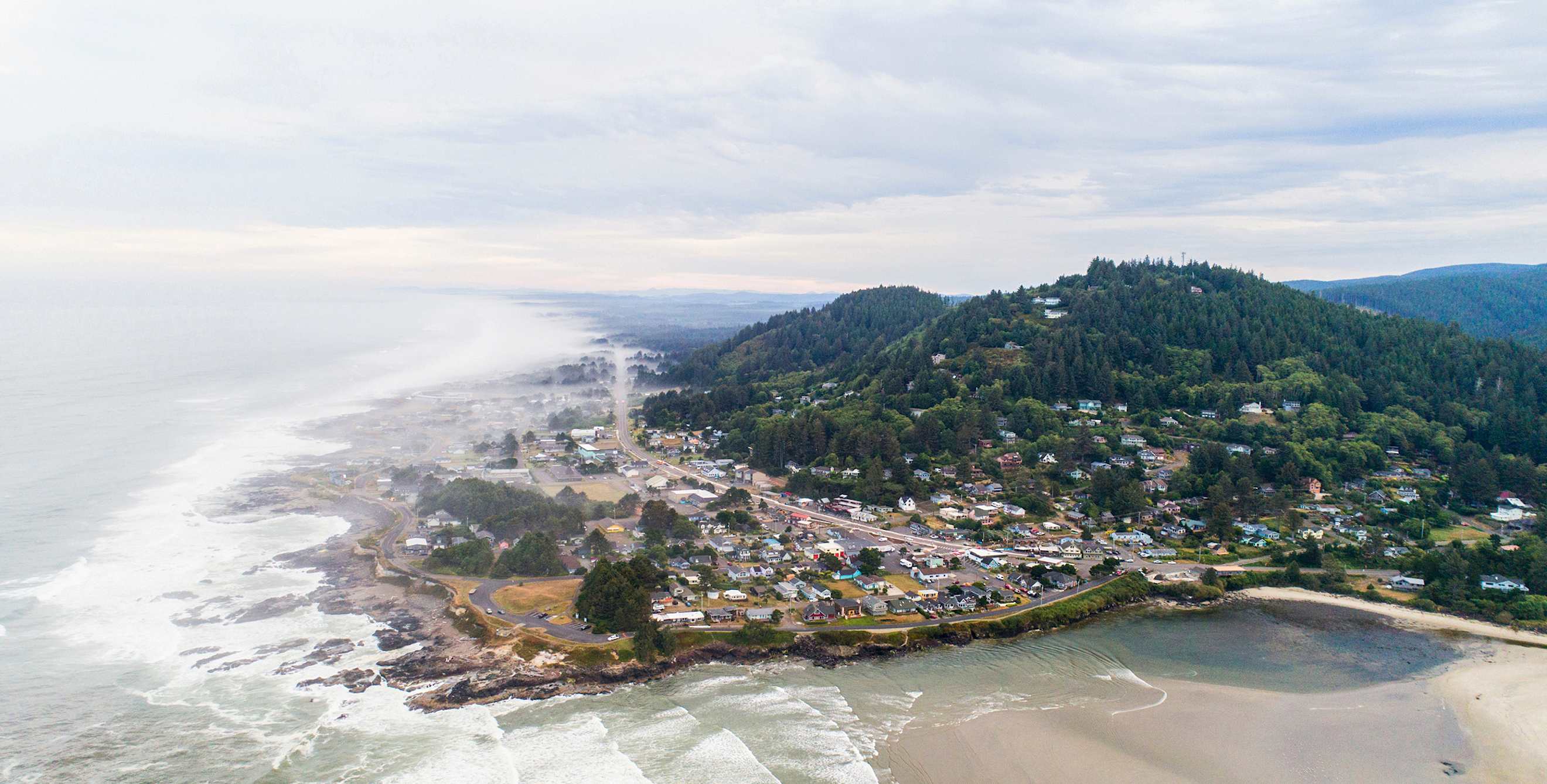 aerial panorama of coastline and Yachats, Oregon