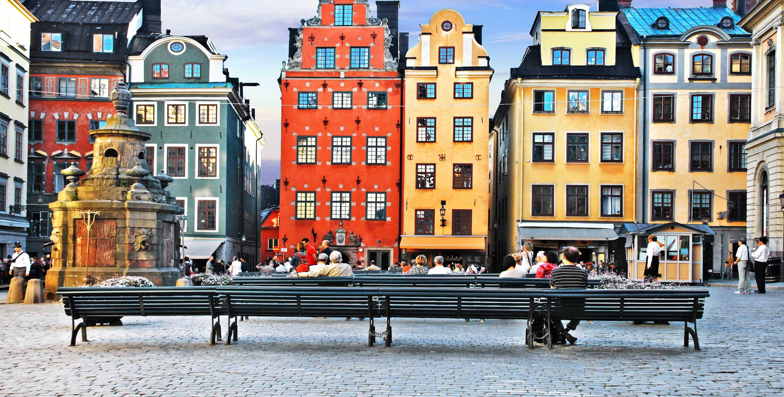 old town Stockholm with tourists milling about