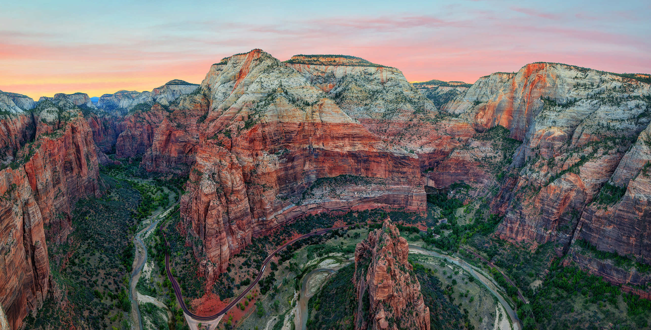 Angel's Landing in Zion National Park at sunrise or sunset in Utah.