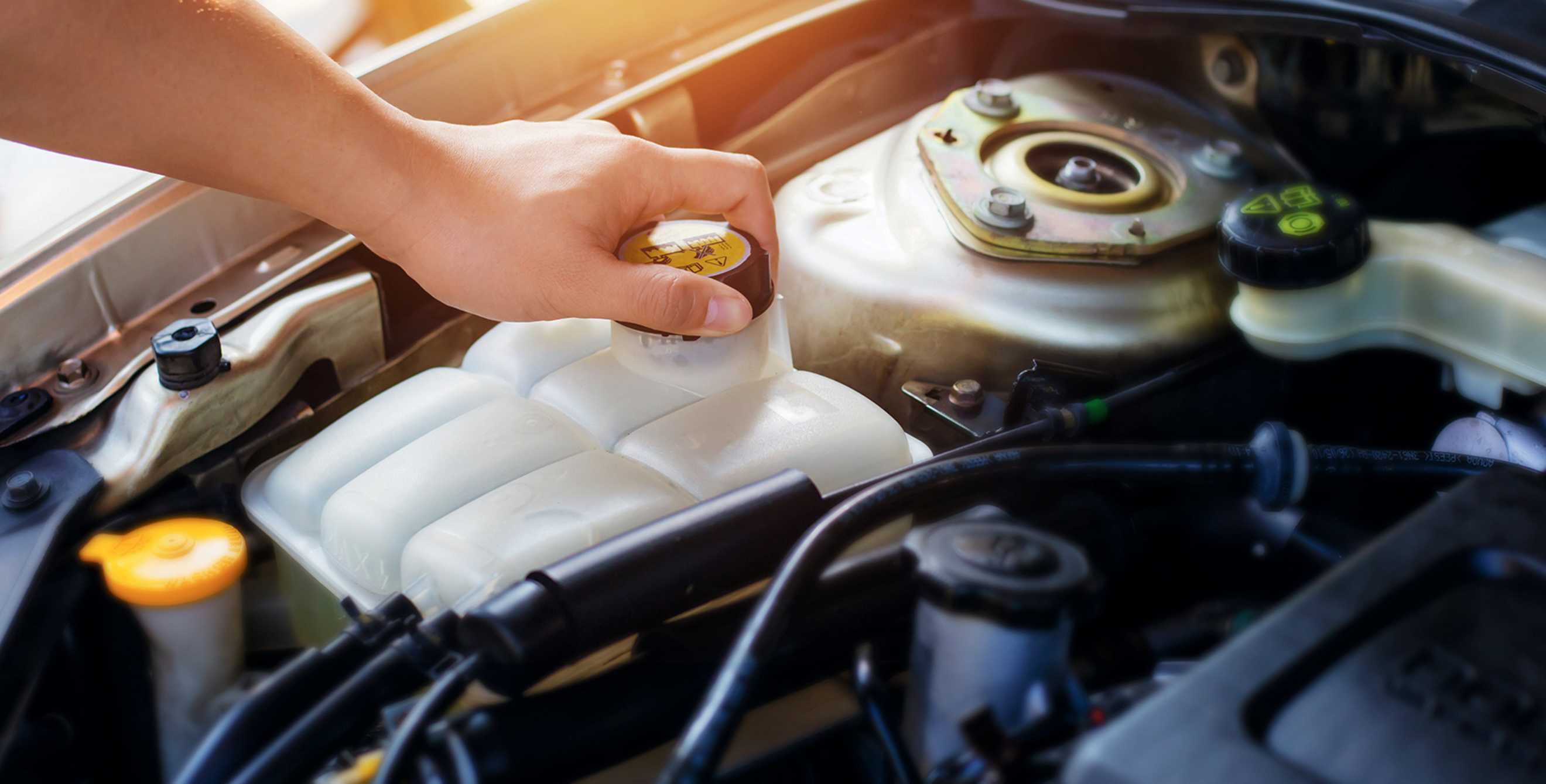 close up of man's hand holding cap of power steeling fluid reservoir tank in car service shop