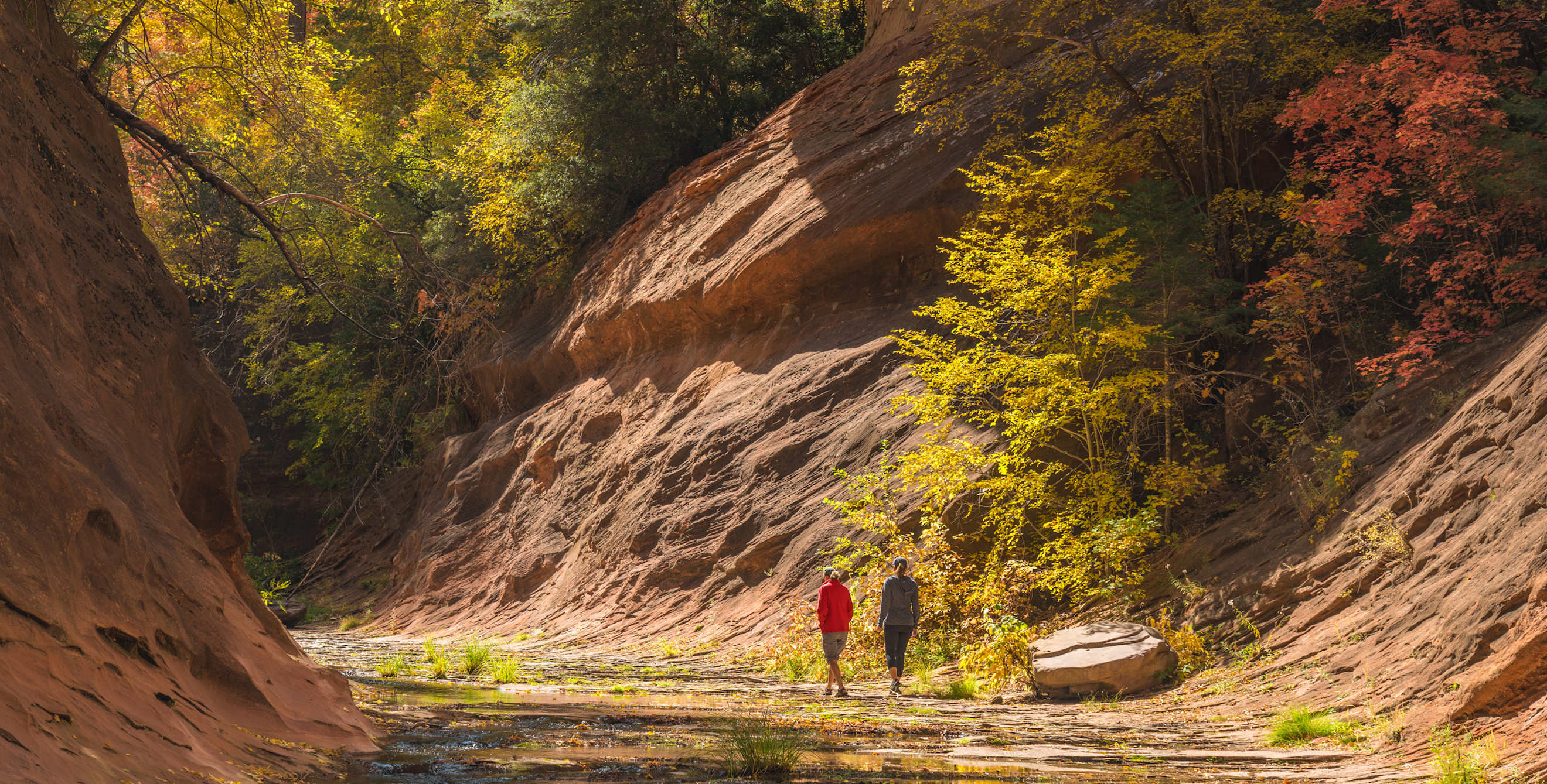 Two hikers walk through the creek in Coconino National Forest, Red Rock Secret Mountain Wilderness, West Fork Oak Creek Canyon.